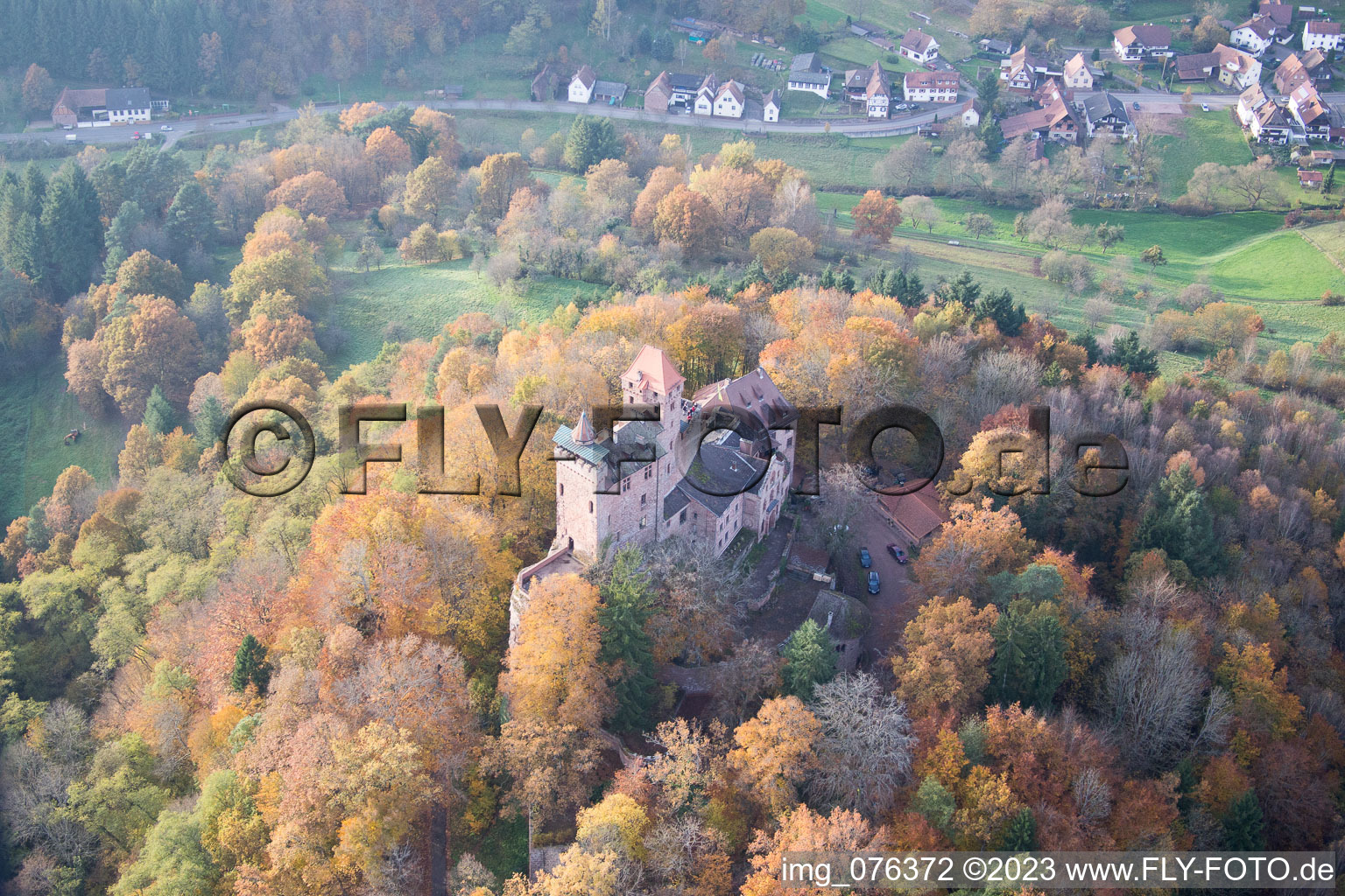 Erlenbach, Berwartstein Castle in Erlenbach bei Dahn in the state Rhineland-Palatinate, Germany seen from above