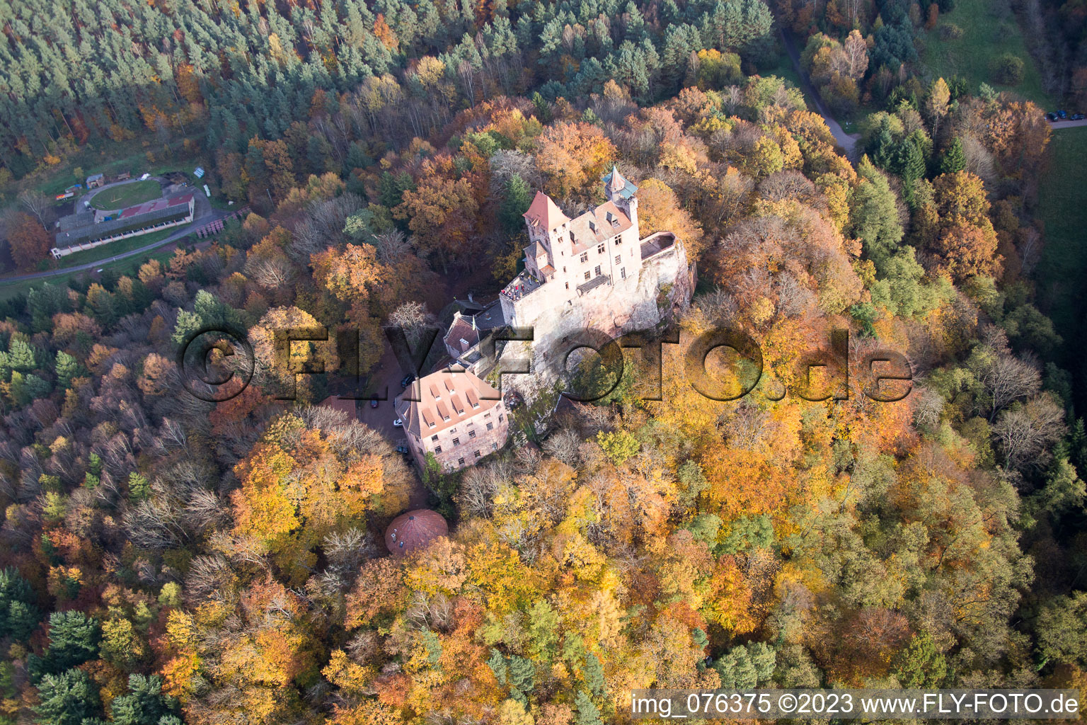 Erlenbach, Berwartstein Castle in Erlenbach bei Dahn in the state Rhineland-Palatinate, Germany from the plane
