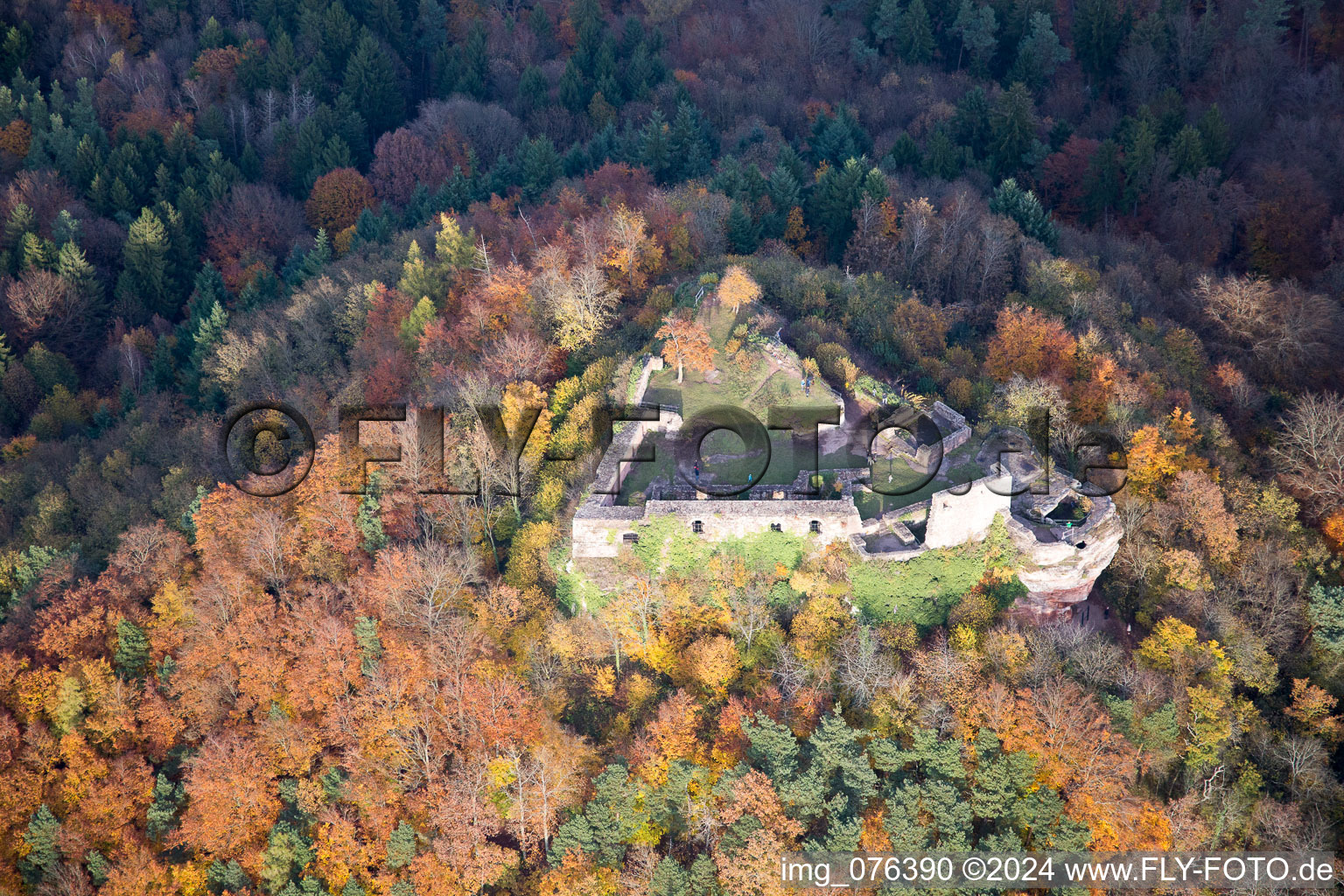Aerial view of Ruins and vestiges of the former castle and fortress Lindelbrunn in Vorderweidenthal in the state Rhineland-Palatinate