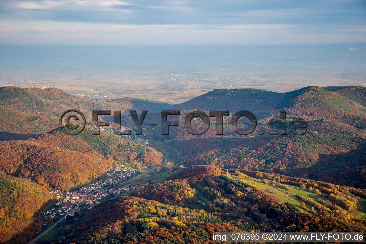 Forest and mountain scenery of the Pfaelzerwald in fall in Waldrohrbach in the state Rhineland-Palatinate, Germany
