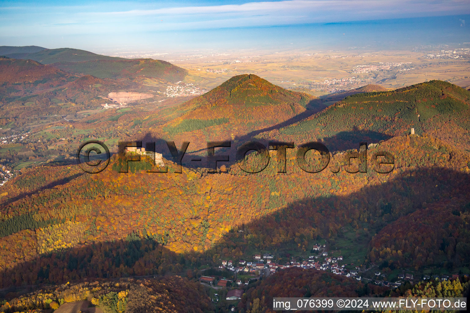 Aerial view of Trifels Castle in the district Bindersbach in Annweiler am Trifels in the state Rhineland-Palatinate, Germany