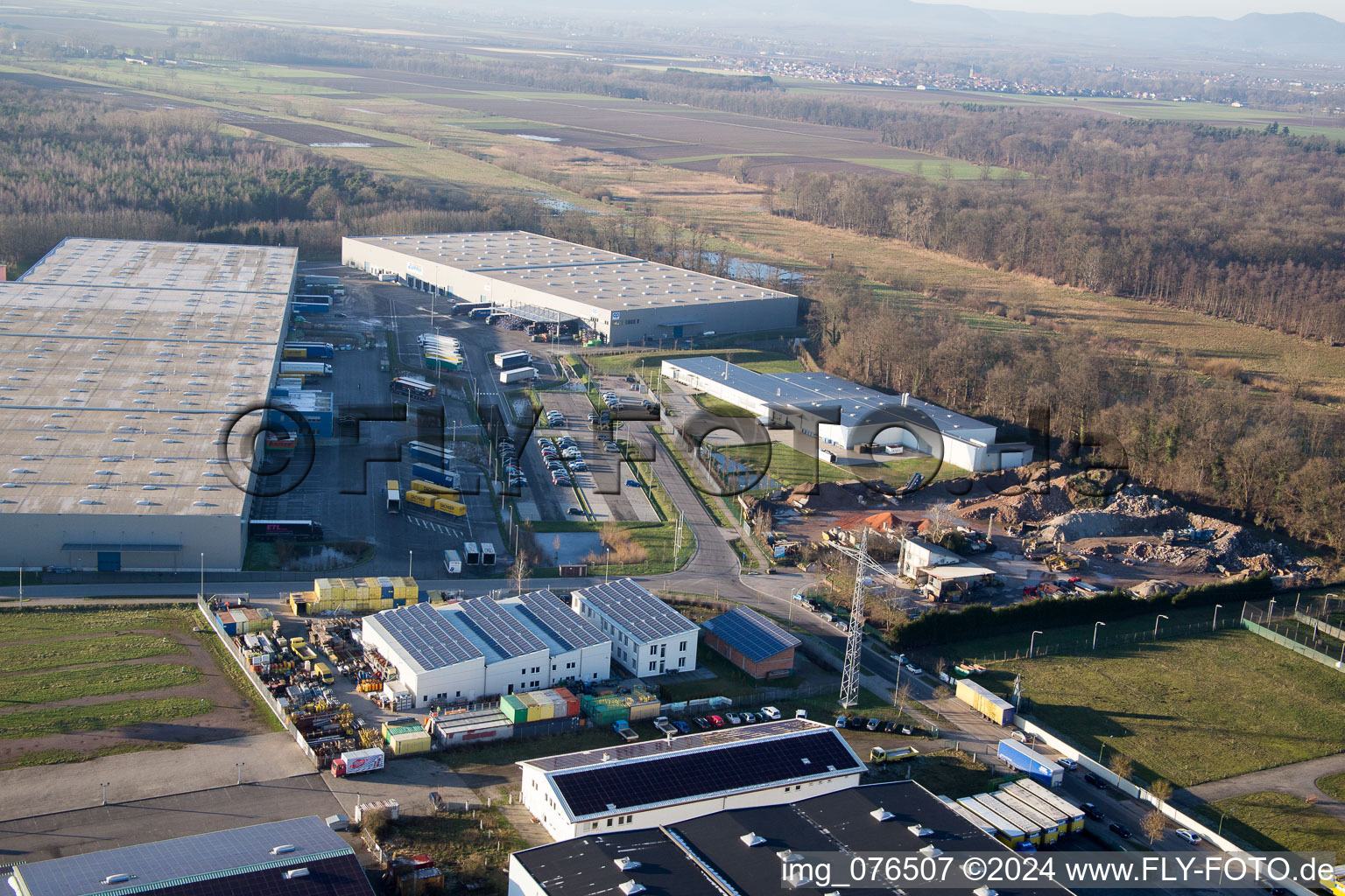 Aerial view of Horst Industrial Estate, Alfa Aesar GmbH in the district Minderslachen in Kandel in the state Rhineland-Palatinate, Germany