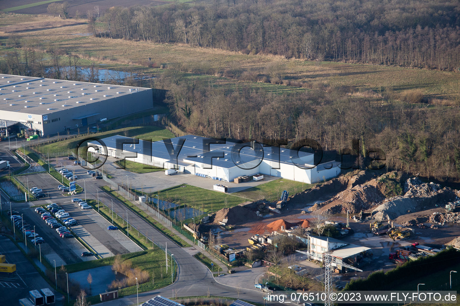 Horst industrial estate, Alfa Aesar GmbH in the district Minderslachen in Kandel in the state Rhineland-Palatinate, Germany from above