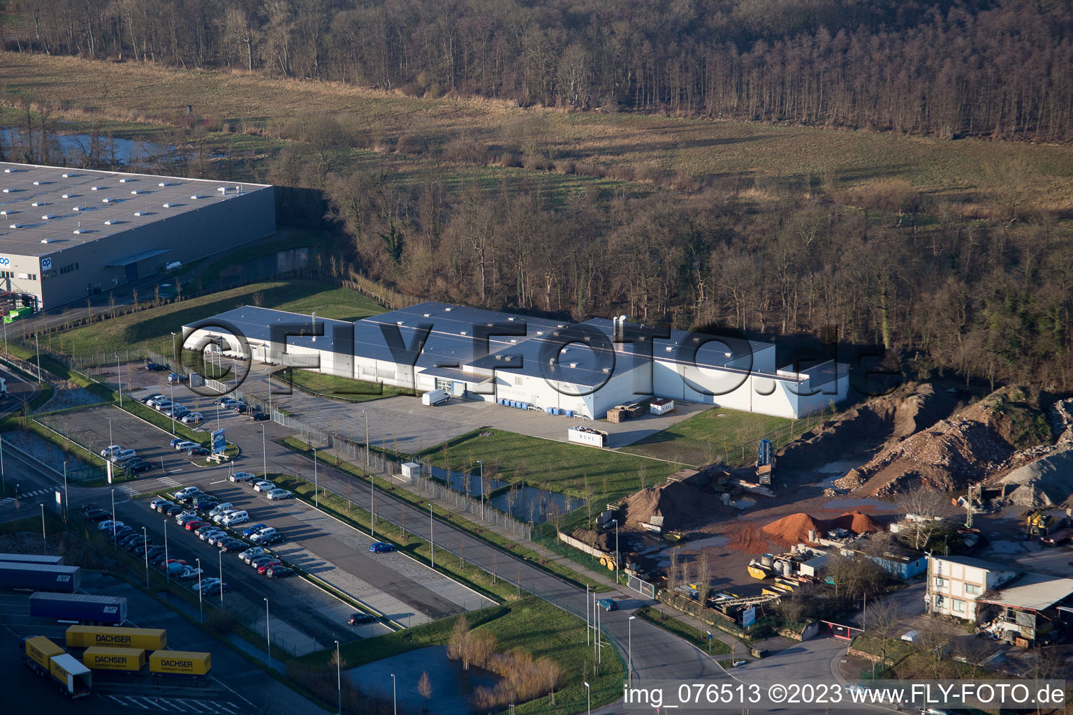 Horst industrial estate, Alfa Aesar GmbH in the district Minderslachen in Kandel in the state Rhineland-Palatinate, Germany from the plane