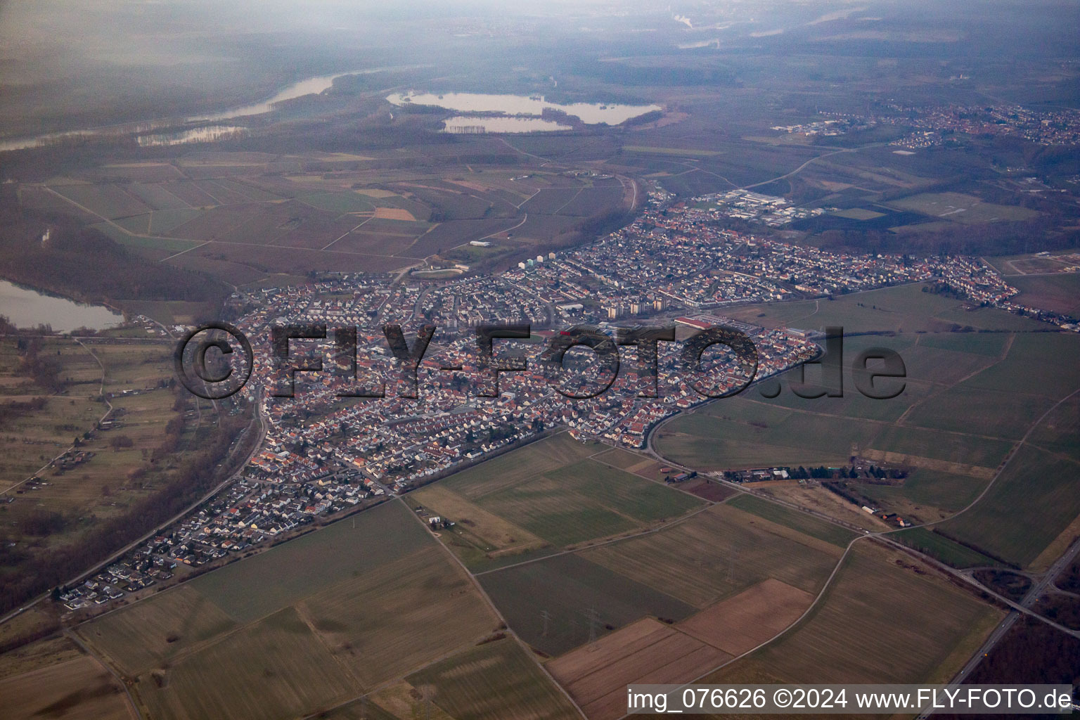 Aerial view of District Linkenheim in Linkenheim-Hochstetten in the state Baden-Wuerttemberg, Germany