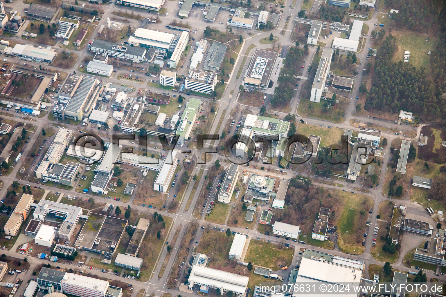 KIK Campus North in the district Leopoldshafen in Eggenstein-Leopoldshafen in the state Baden-Wuerttemberg, Germany seen from above