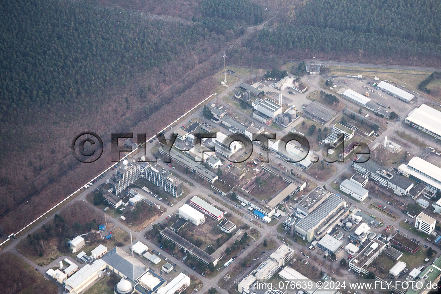 KIK Campus North in the district Leopoldshafen in Eggenstein-Leopoldshafen in the state Baden-Wuerttemberg, Germany from the drone perspective