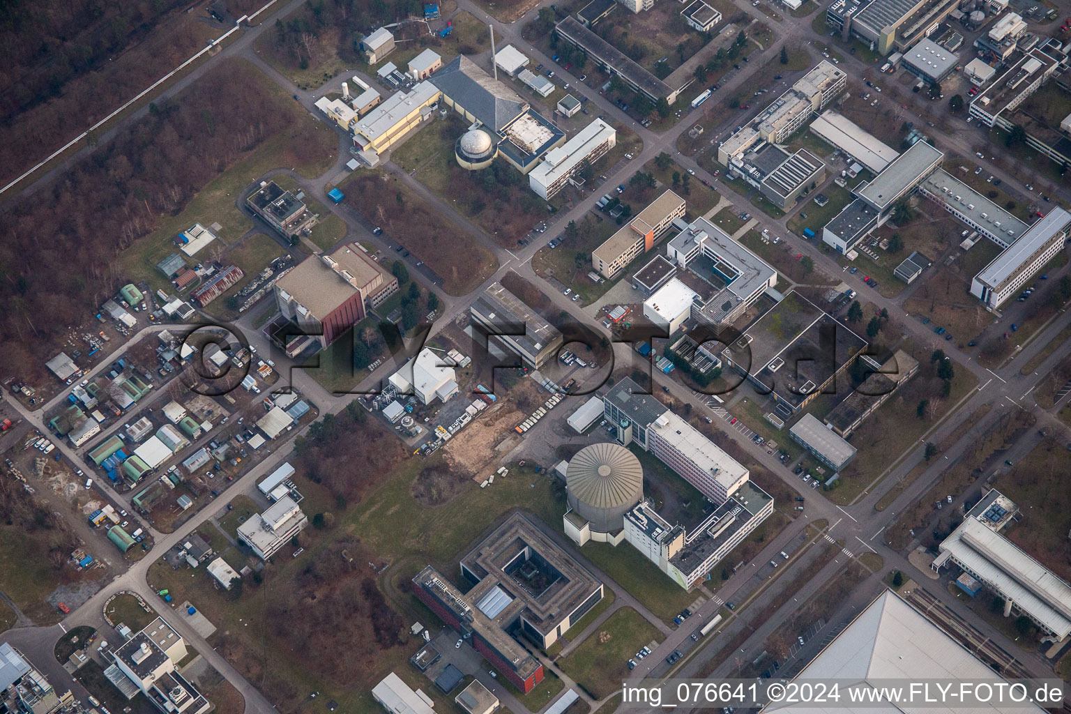 KIK Campus North in the district Leopoldshafen in Eggenstein-Leopoldshafen in the state Baden-Wuerttemberg, Germany seen from a drone