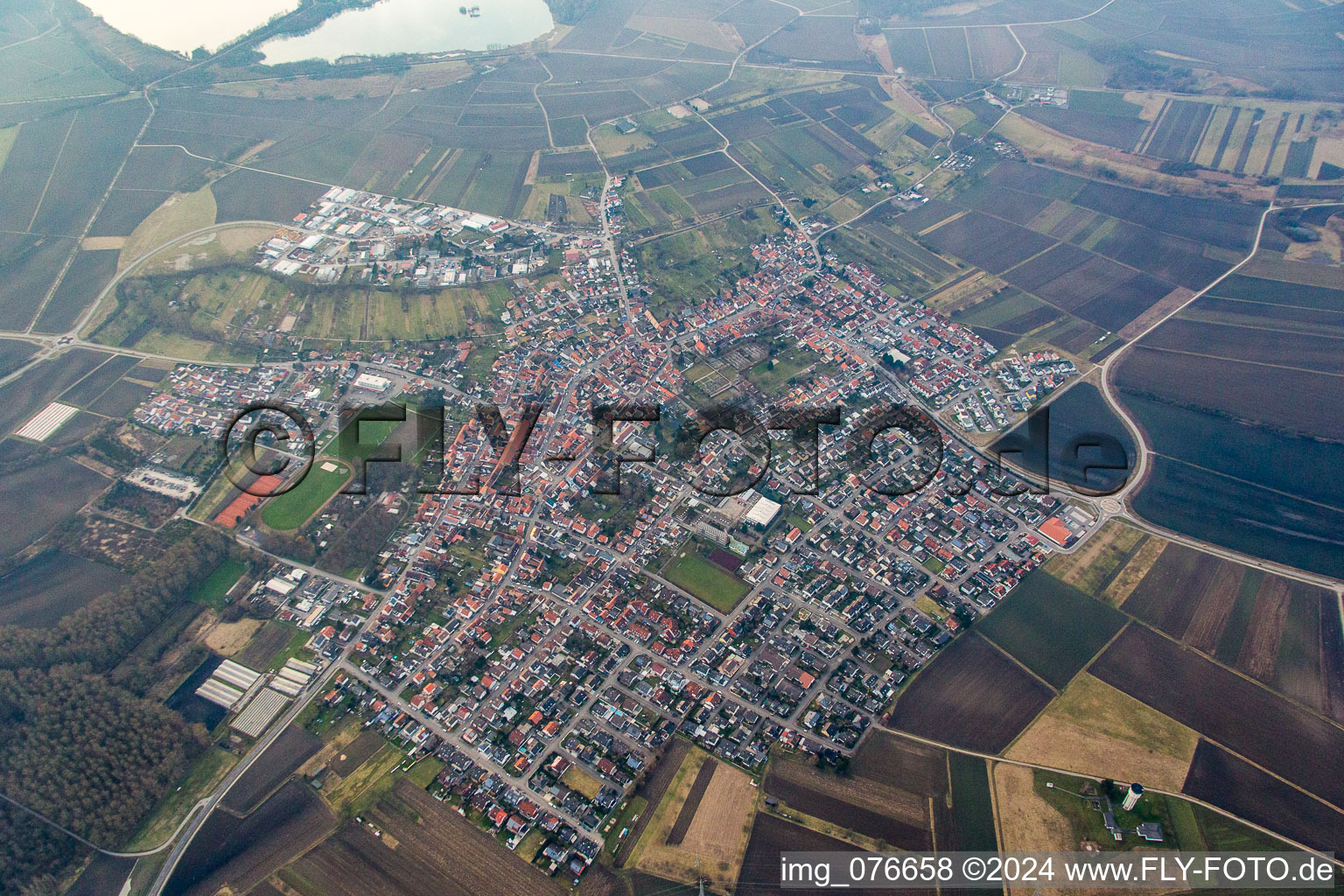 Aerial view of District Liedolsheim in Dettenheim in the state Baden-Wuerttemberg, Germany