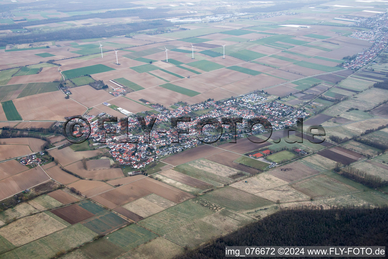 Aerial view of Minfeld in the state Rhineland-Palatinate, Germany