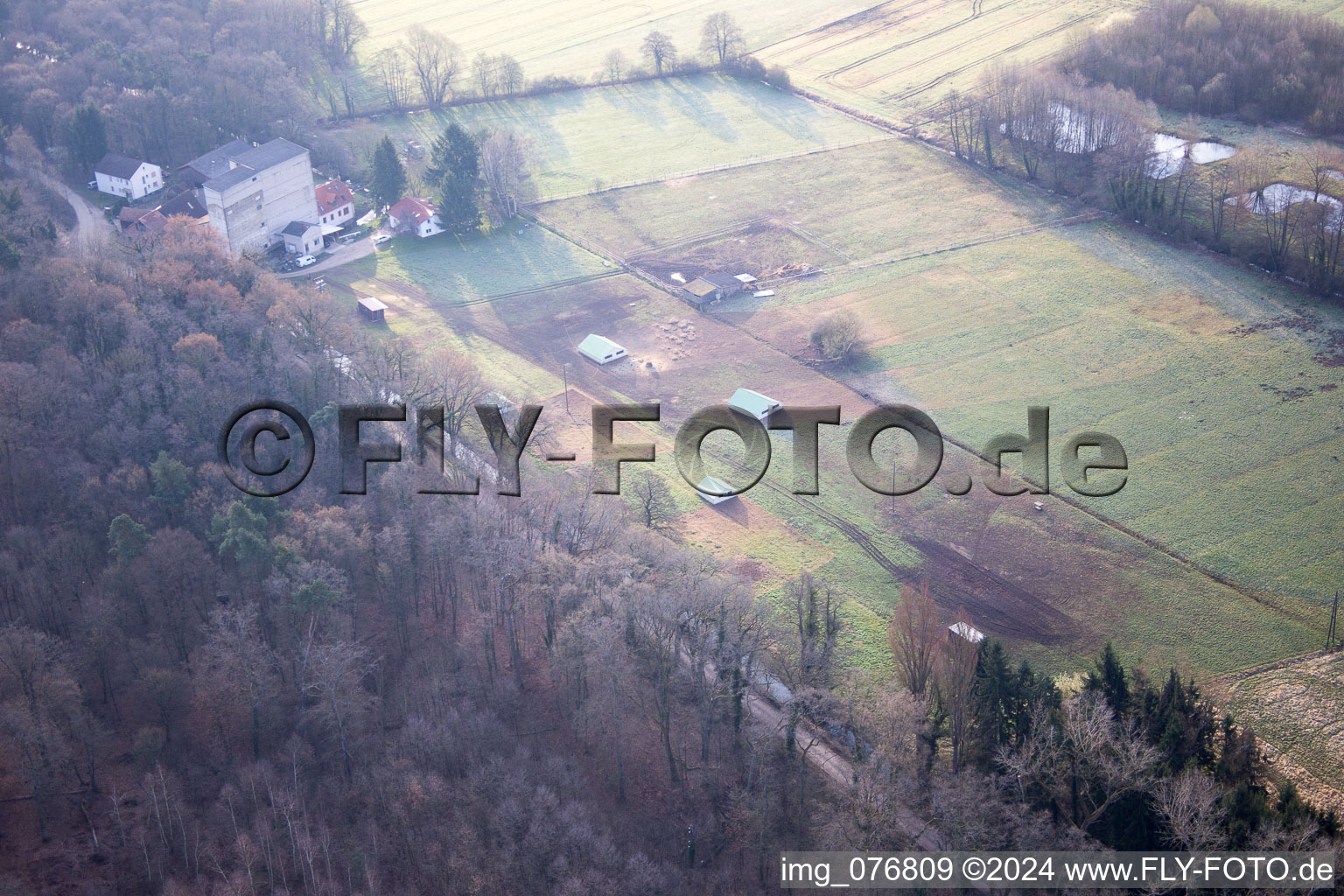 Aerial photograpy of Otterbachtal, organic chicken farm at the Hahnmühle in Kandel in the state Rhineland-Palatinate, Germany