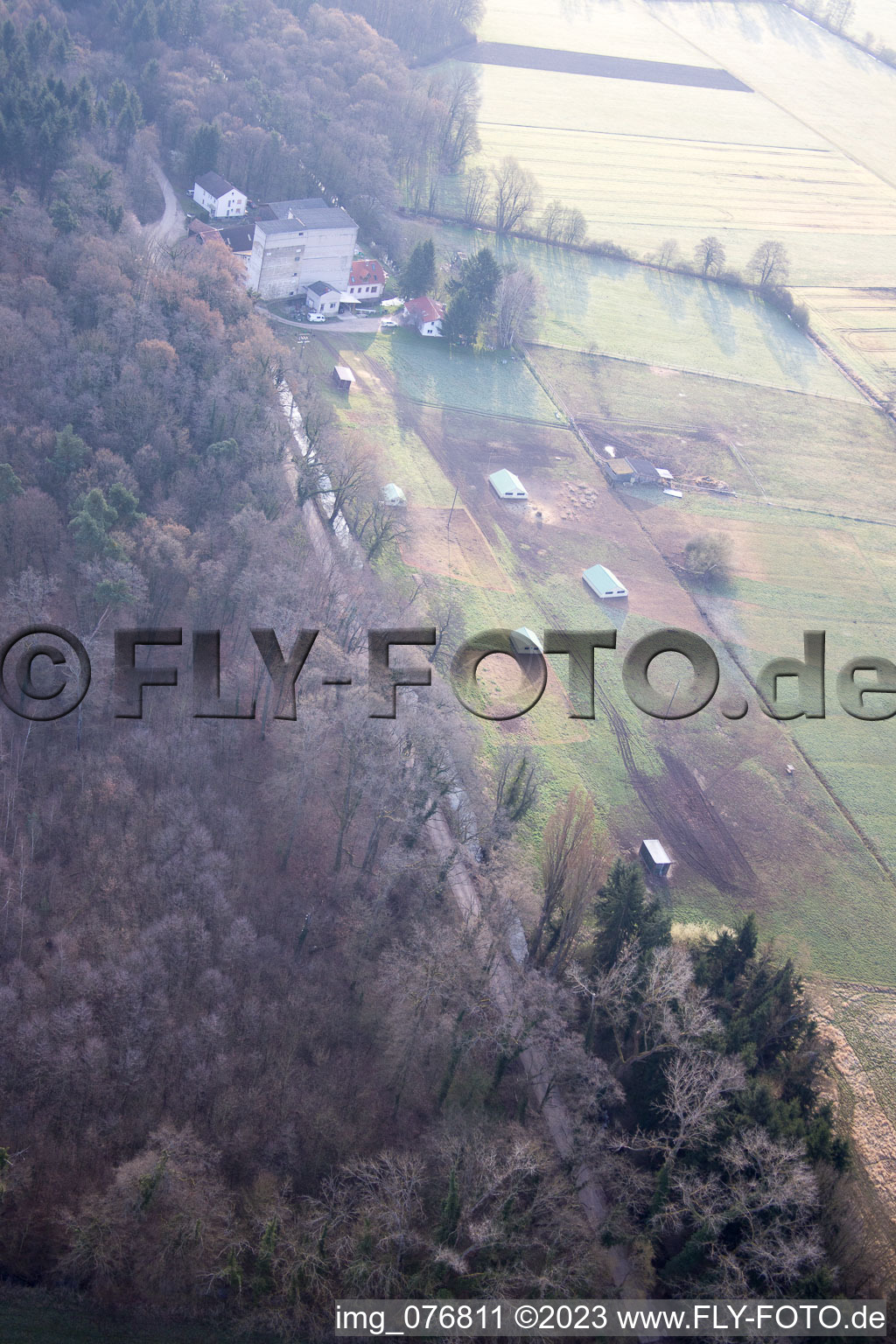 Otterbachtal, organic chicken farm at the Hahnmühle in Kandel in the state Rhineland-Palatinate, Germany from above