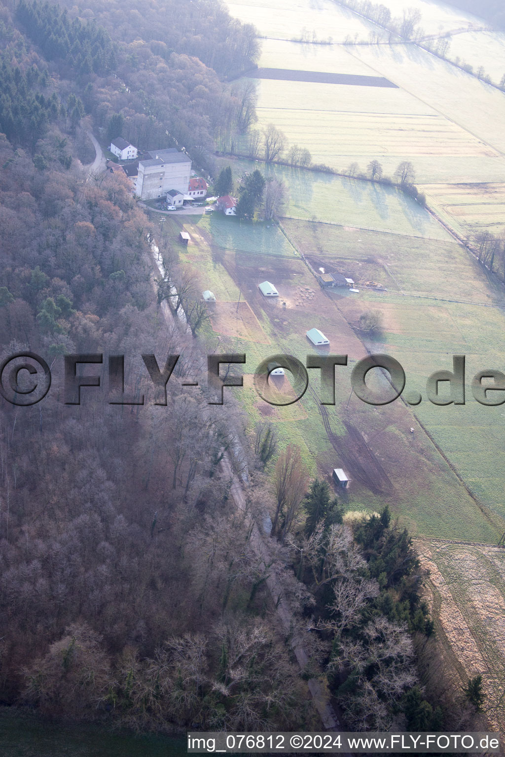 Otterbachtal, organic chicken farm at the Hahnmühle in Kandel in the state Rhineland-Palatinate, Germany out of the air