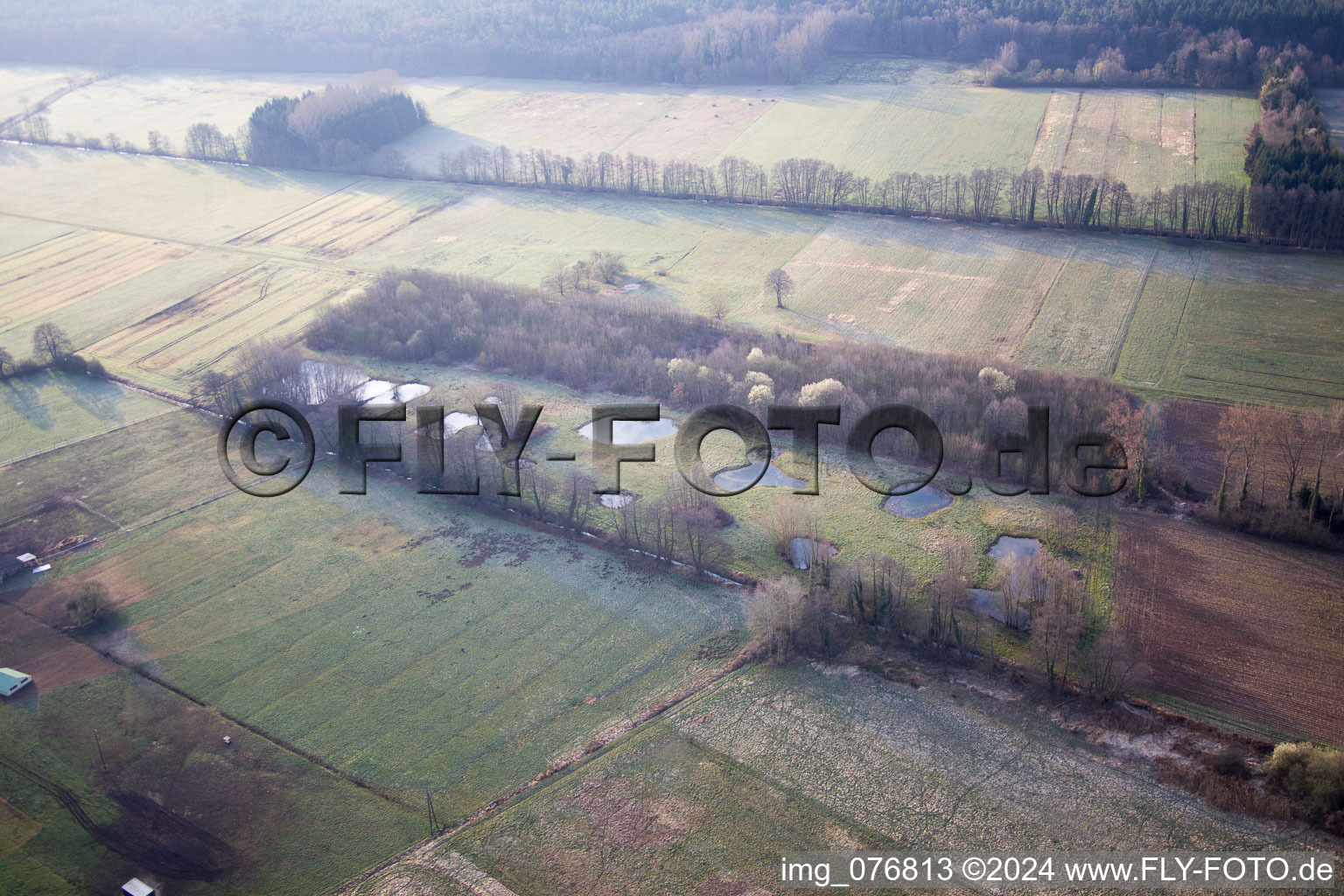 Otterbachtal, organic chicken farm at the Hahnmühle in Kandel in the state Rhineland-Palatinate, Germany seen from above