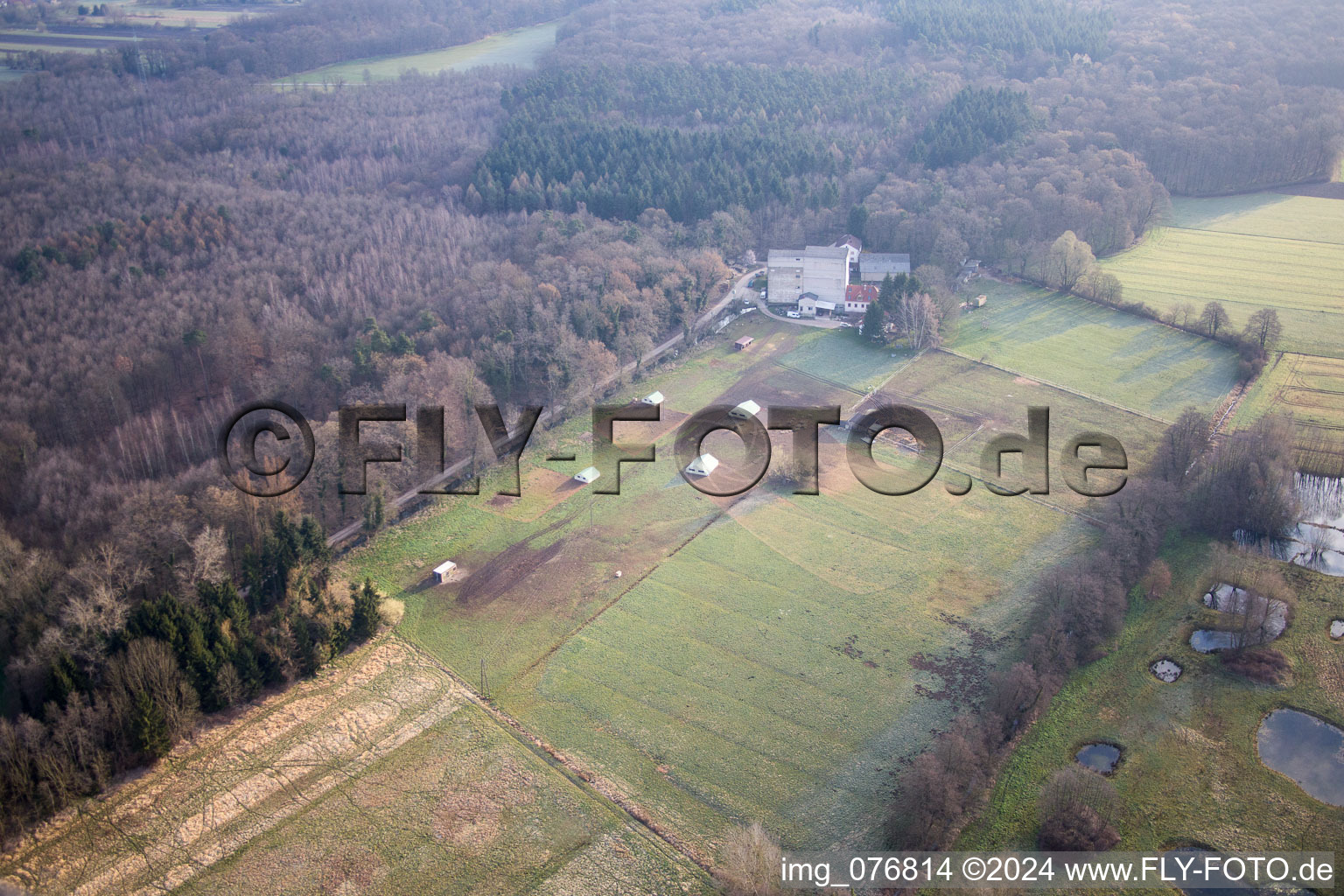 Otterbachtal, organic chicken farm at the Hahnmühle in Kandel in the state Rhineland-Palatinate, Germany from the plane