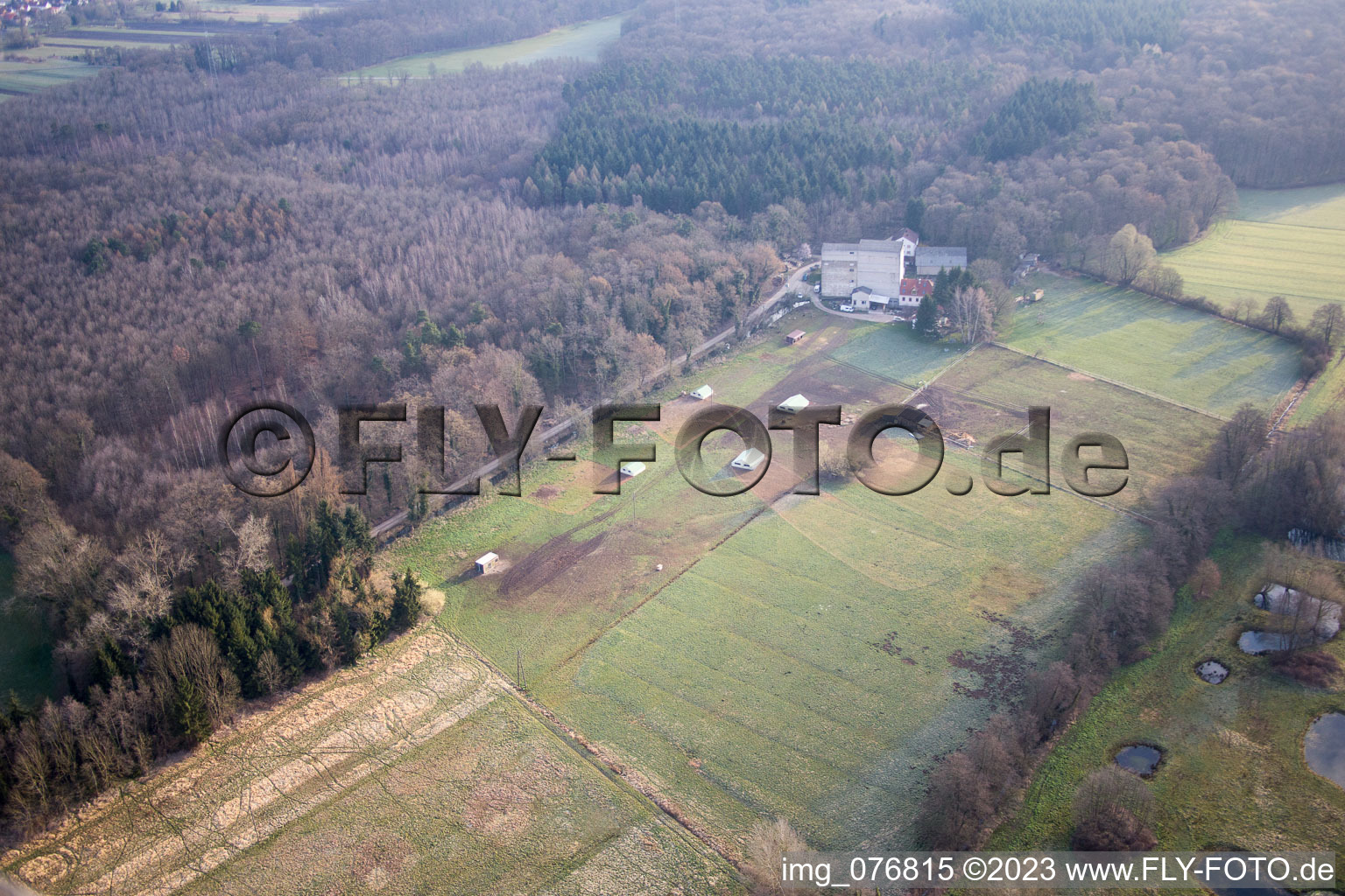 Bird's eye view of Otterbachtal, organic chicken farm at the Hahnmühle in Kandel in the state Rhineland-Palatinate, Germany
