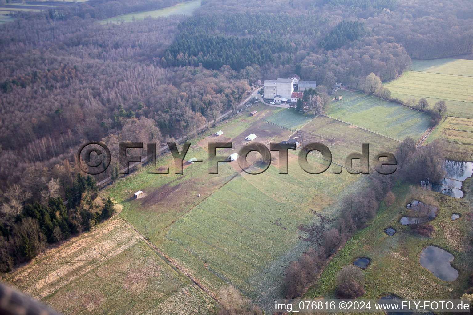 Otterbachtal, organic chicken farm at the Hahnmühle in Kandel in the state Rhineland-Palatinate, Germany viewn from the air