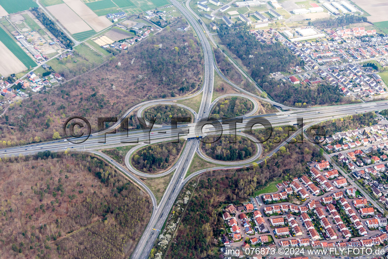 Traffic flow at the intersection- motorway A 61 with B9 in Speyer in the state Rhineland-Palatinate, Germany