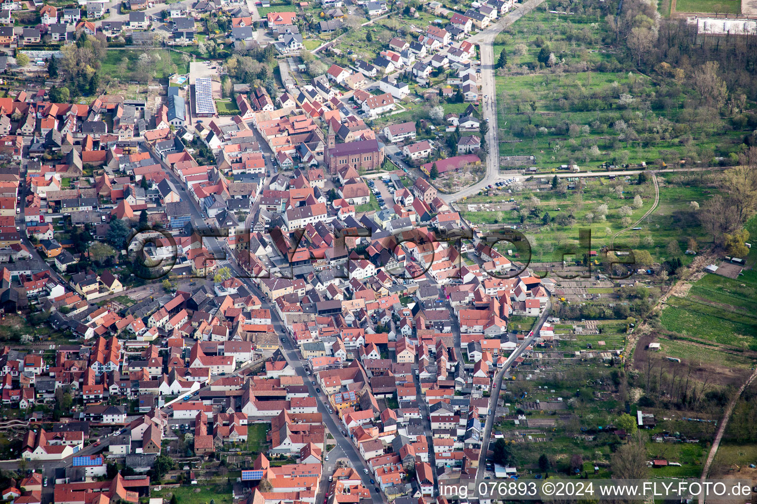 Aerial view of Town View of the streets and houses of the residential areas in Waldsee in the state Rhineland-Palatinate, Germany