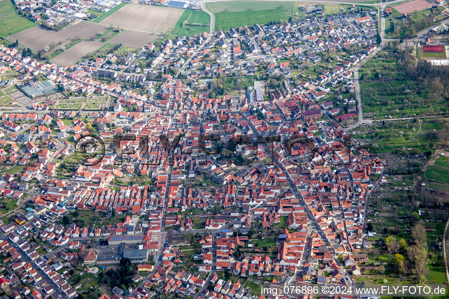 Aerial photograpy of Town View of the streets and houses of the residential areas in Waldsee in the state Rhineland-Palatinate, Germany