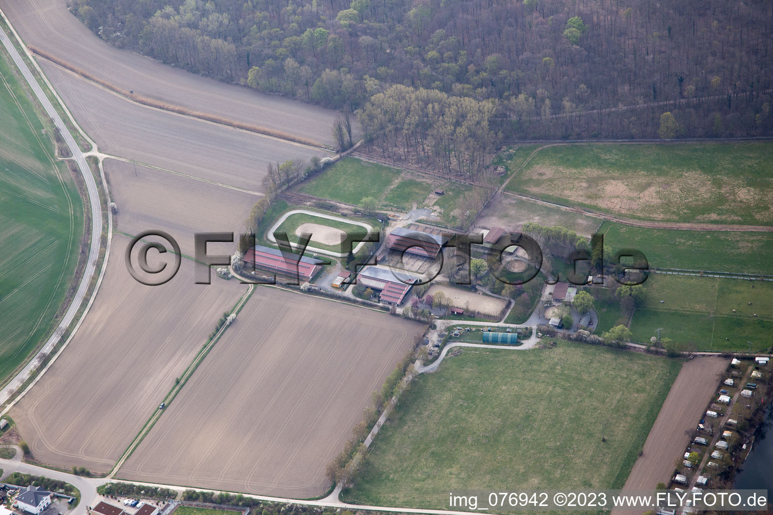 Aerial view of Rexhof in Altrip in the state Rhineland-Palatinate, Germany