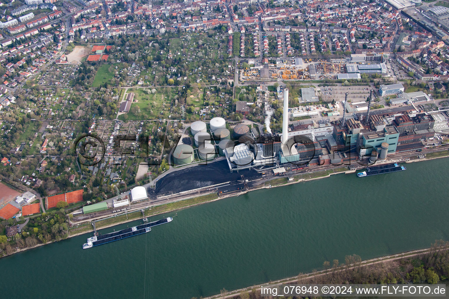 Aerial view of District Neckarau in Mannheim in the state Baden-Wuerttemberg, Germany