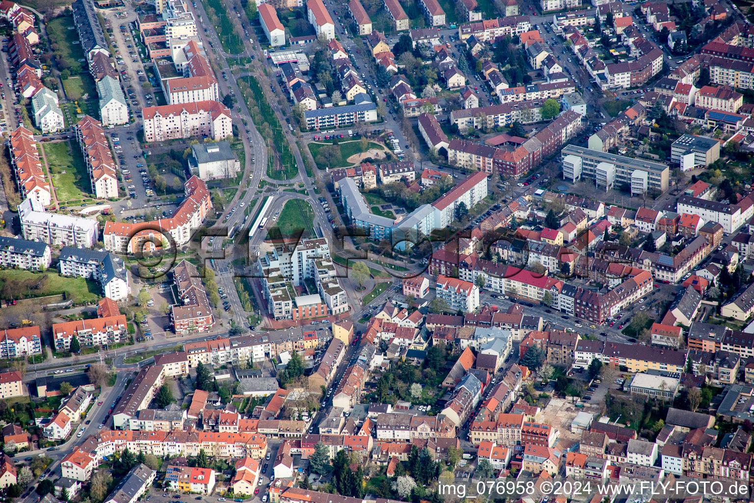 Ensemble space Rheingoldplatz on Tram-terminal Neckarau West in the district Neckarau in Mannheim in the state Baden-Wurttemberg, Germany