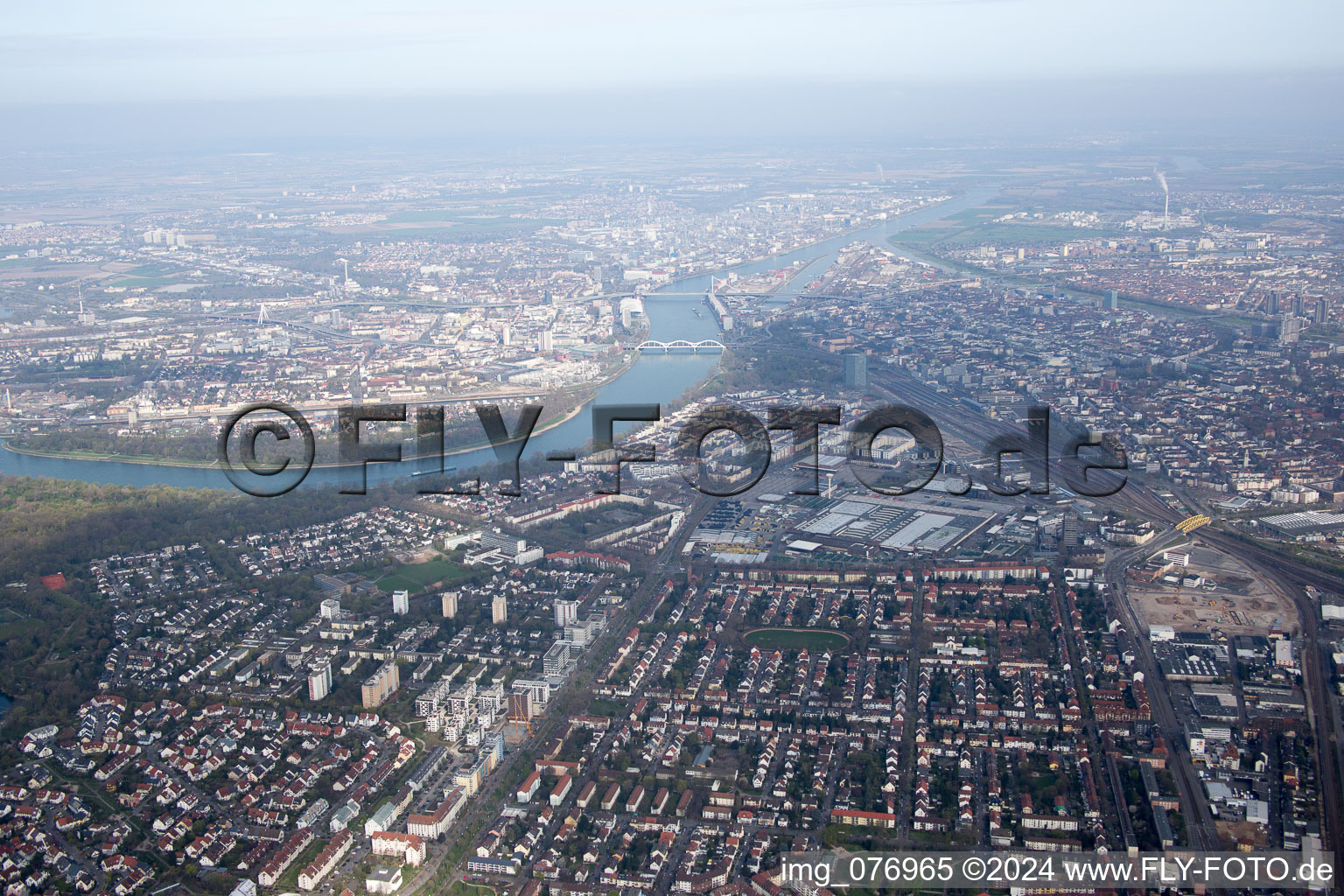 Oblique view of Lindenhof in the district Niederfeld in Mannheim in the state Baden-Wuerttemberg, Germany