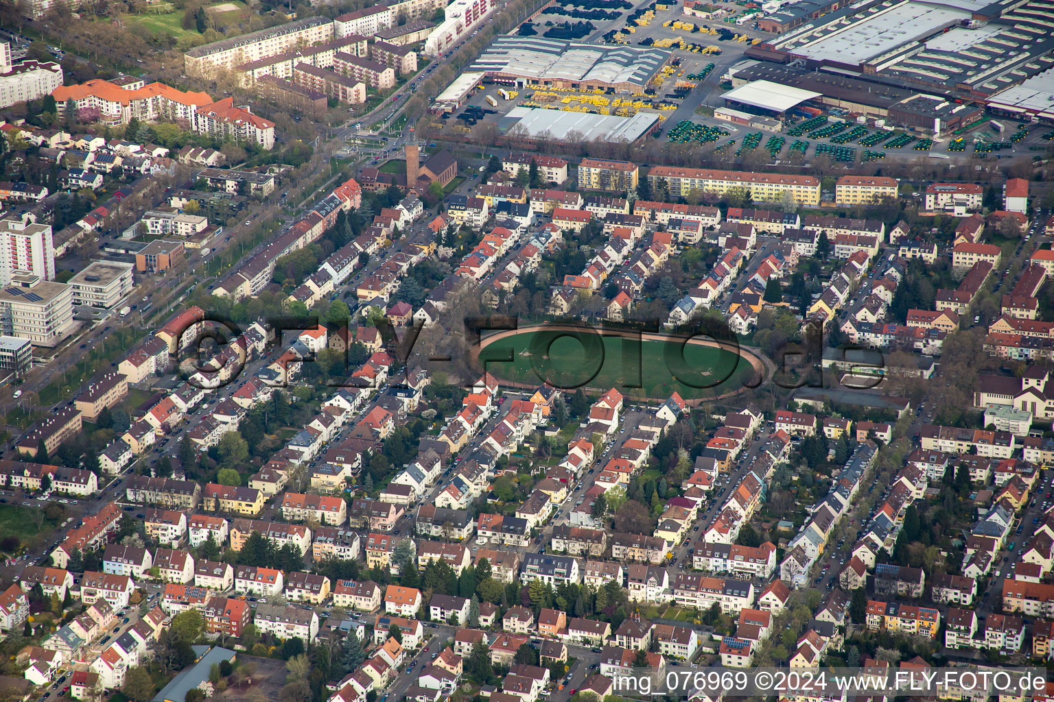 Sports grounds and football pitch in the district Almenhof in Mannheim in the state Baden-Wurttemberg, Germany