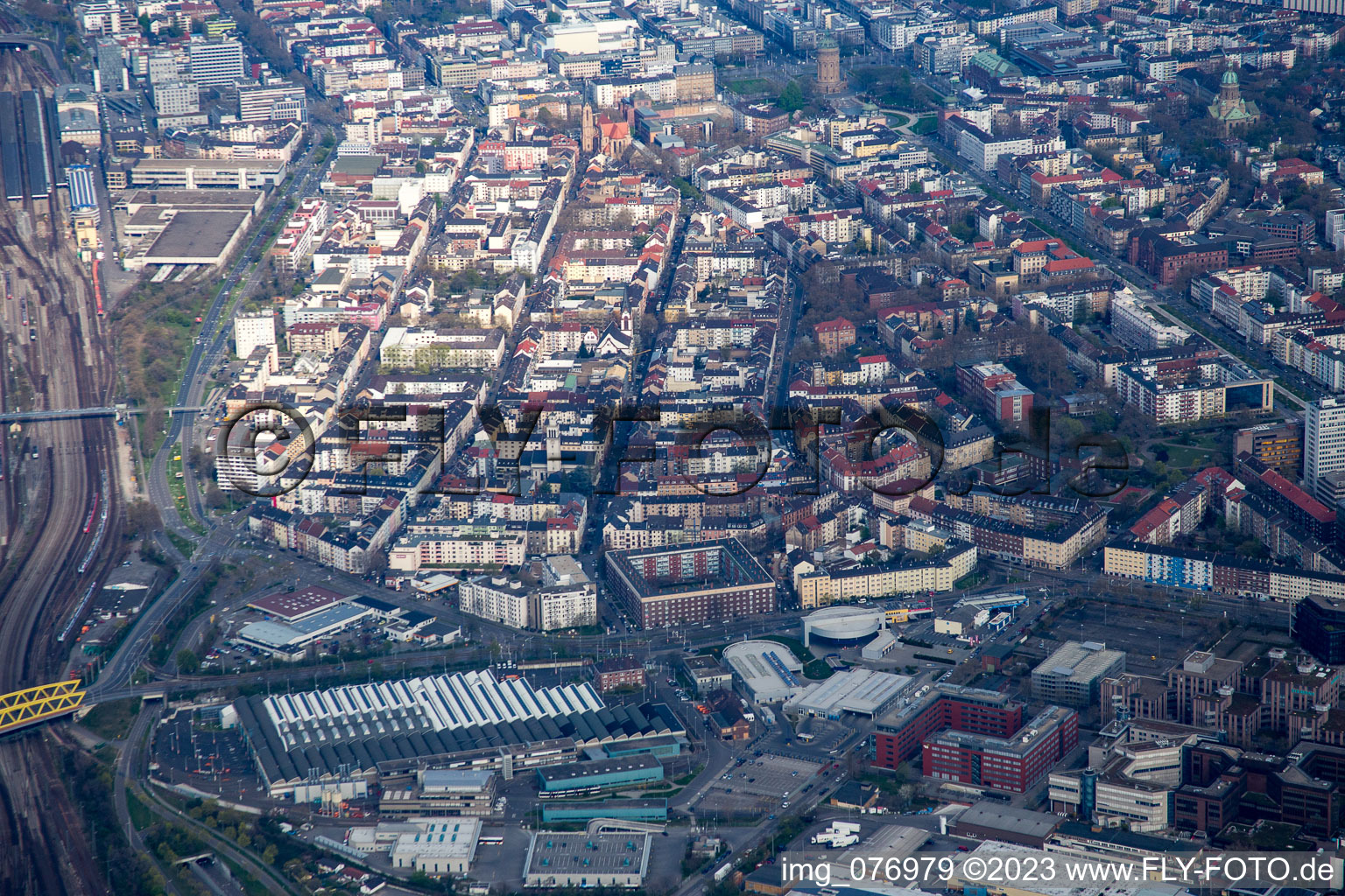 Aerial view of District Schwetzingerstadt in Mannheim in the state Baden-Wuerttemberg, Germany