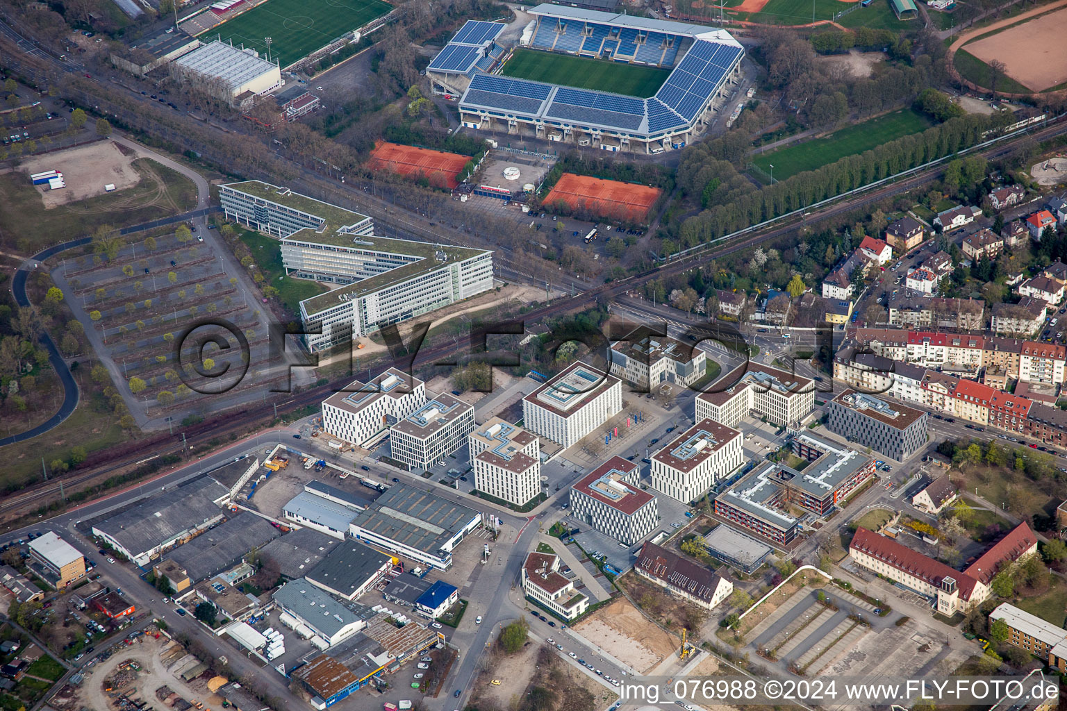 Industrial estate and company settlement Harlachweg vor dem Carl-Benz-Stadion in the district Oststadt in Mannheim in the state Baden-Wurttemberg, Germany