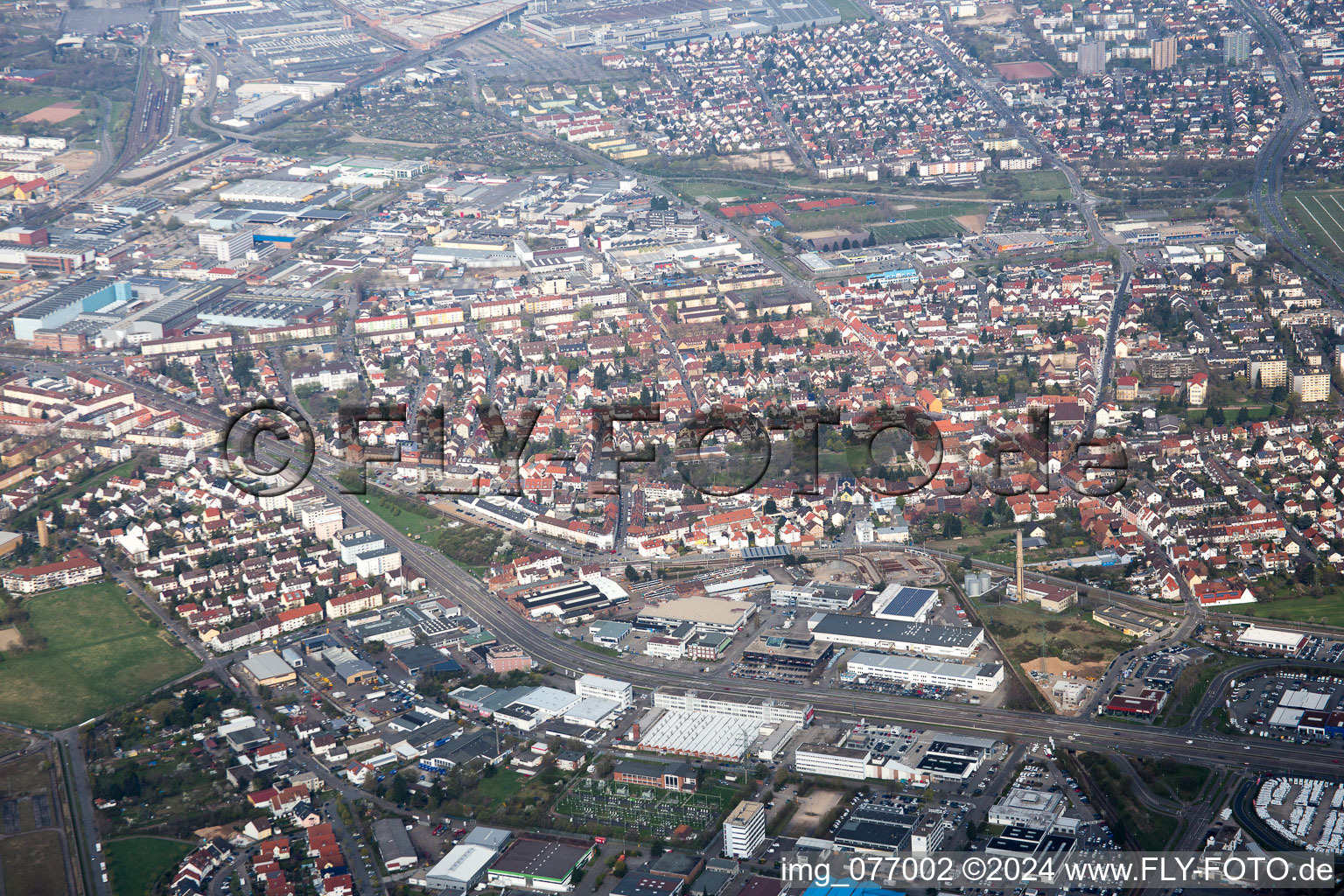 Aerial view of District Käfertal in Mannheim in the state Baden-Wuerttemberg, Germany