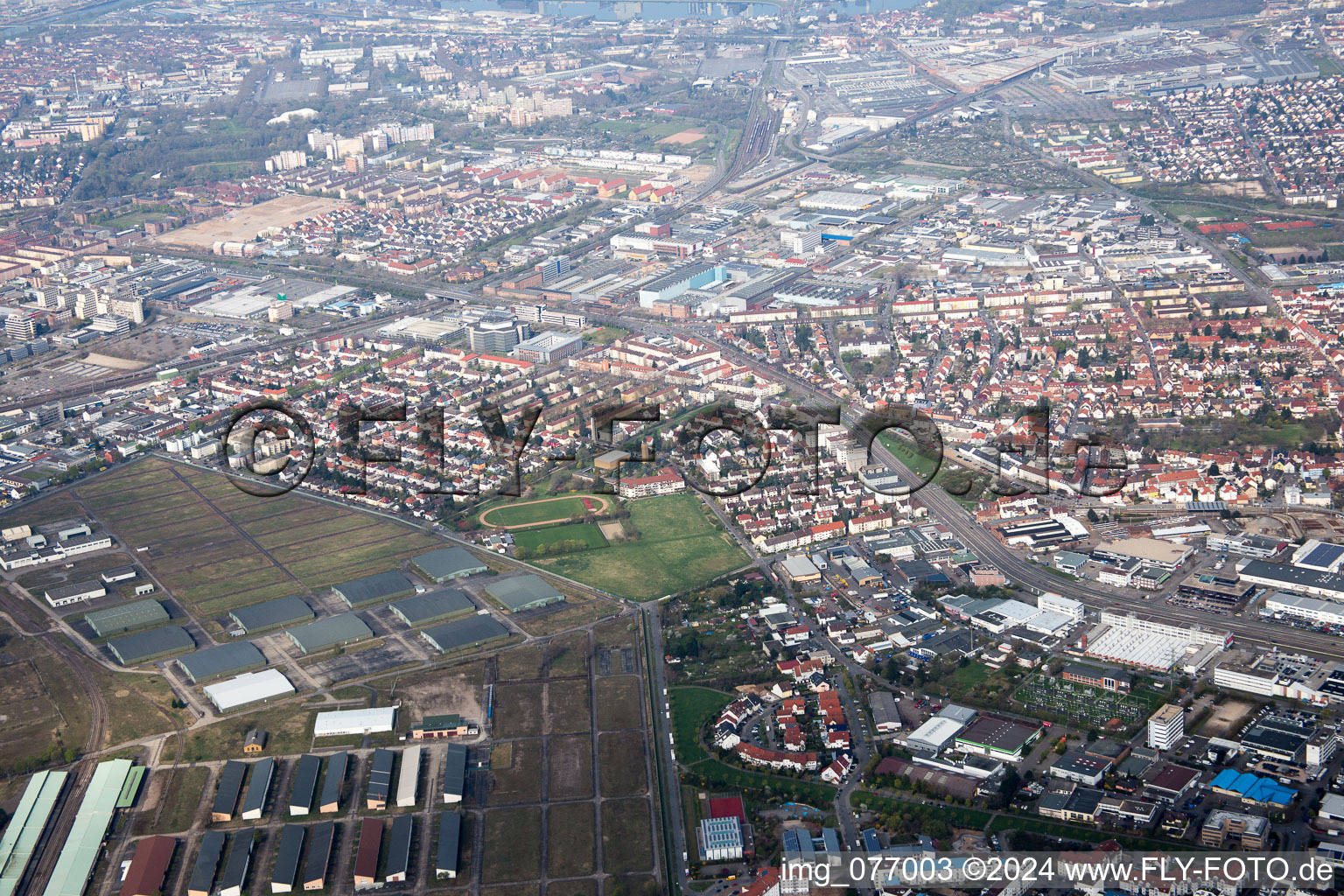 Aerial photograpy of District Käfertal in Mannheim in the state Baden-Wuerttemberg, Germany