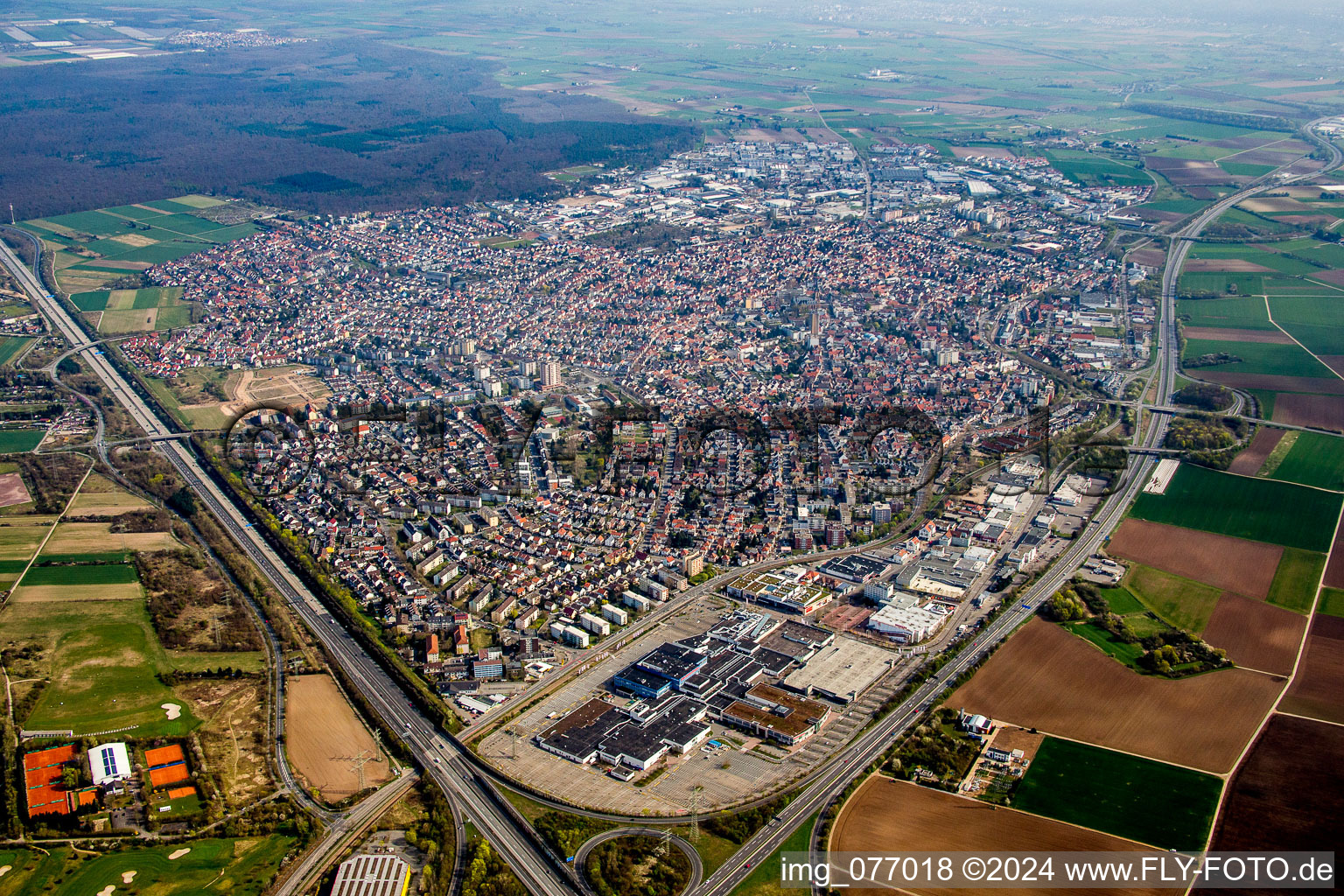 Town View of the streets and houses of the residential areas in Viernheim in the state Hesse, Germany