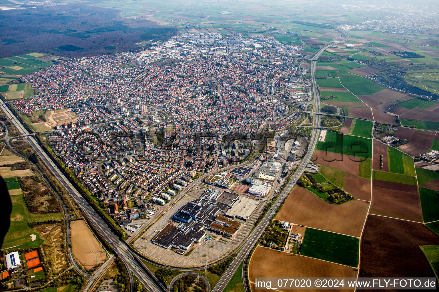 Aerial view of Town View of the streets and houses of the residential areas in Viernheim in the state Hesse, Germany