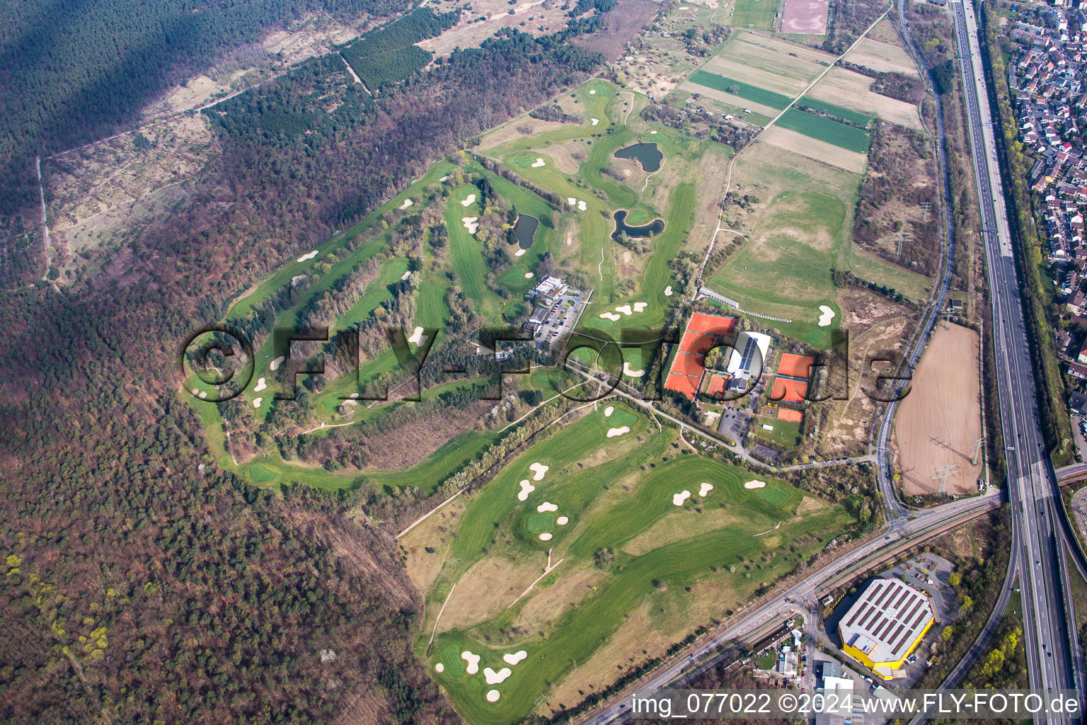 Aerial view of Grounds of the Golf course at of Golf Club Mannheim-Viernheim 1930 e.V. in Viernheim in the state Hesse, Germany