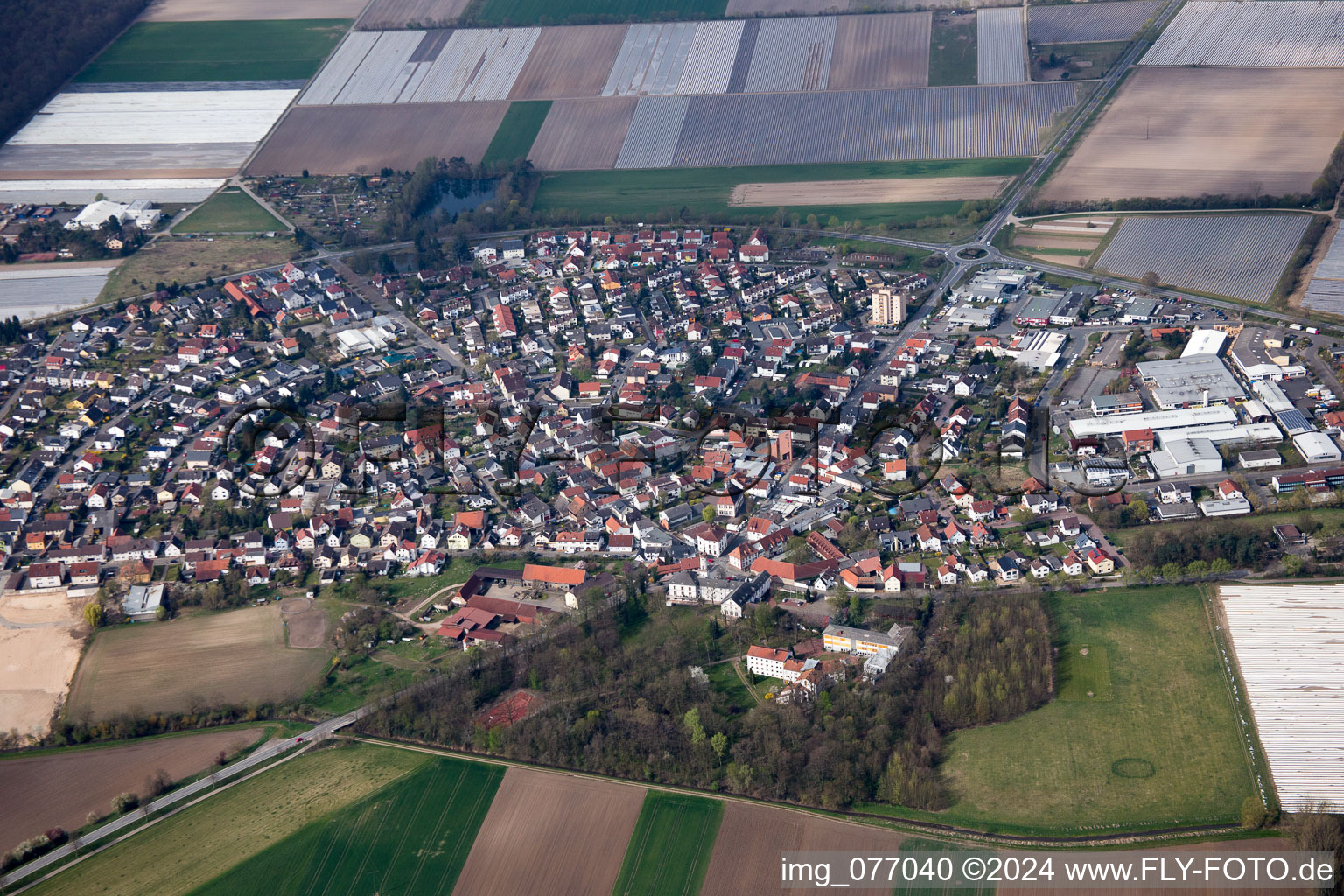 Aerial photograpy of Town View of the streets and houses of the residential areas in the district Huettenfeld in Lampertheim in the state Hesse, Germany