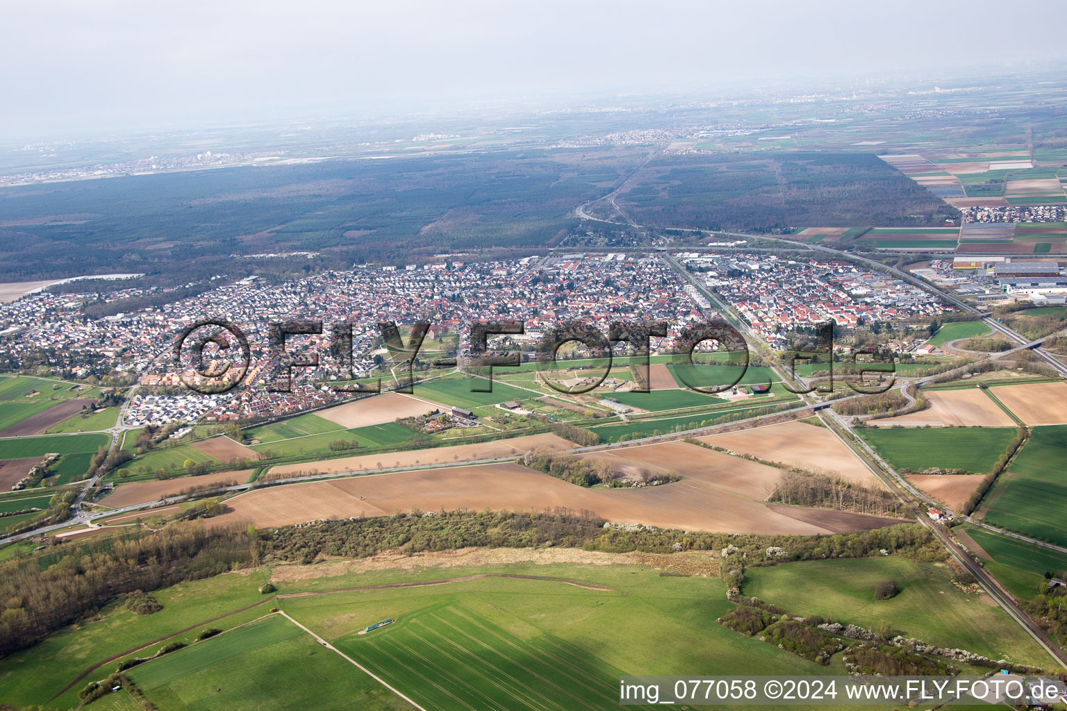 Aerial photograpy of Town View of the streets and houses of the residential areas in Lorsch in the state Hesse