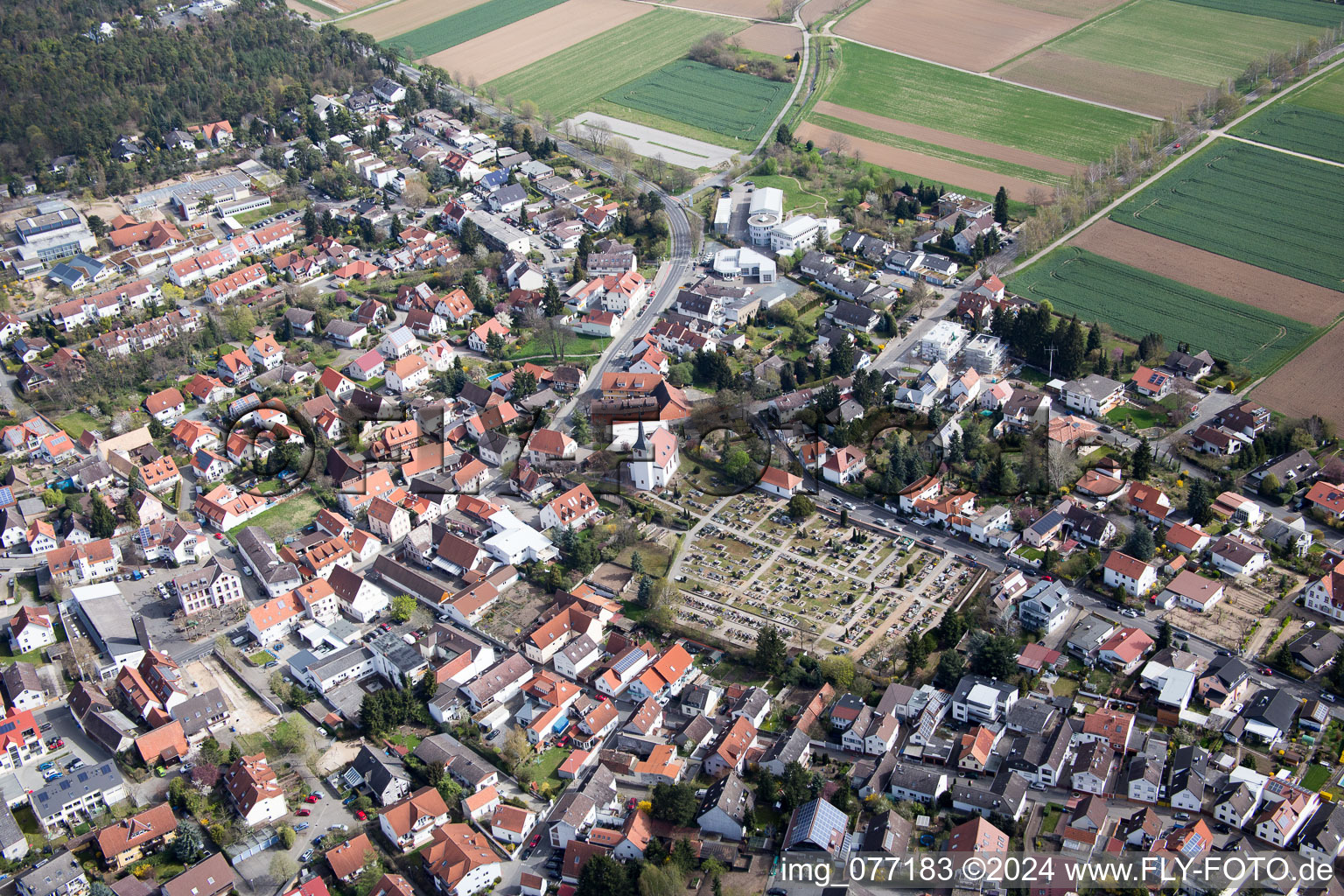 Town View of the streets and houses of the residential areas and graveyard in Bickenbach in the state Hesse