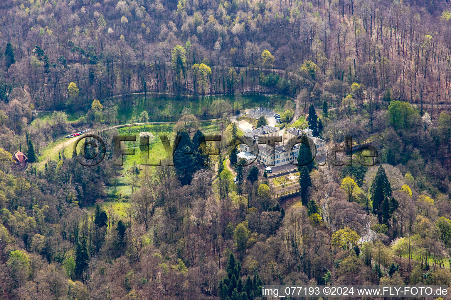 Aerial view of Annette's gastronomy in Heiligenberg Castle in Seeheim-Jugenheim in the state Hesse, Germany