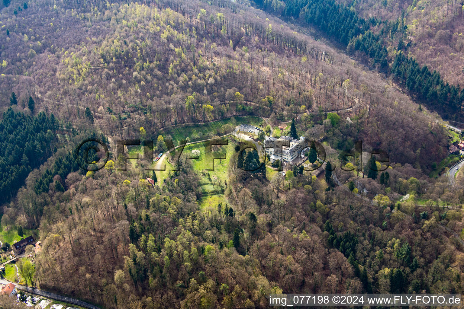 Aerial view of Complex of the hotel building Annettes Gastronomie in Schloss Heiligenberg in Jugenheim in the state Hesse, Germany