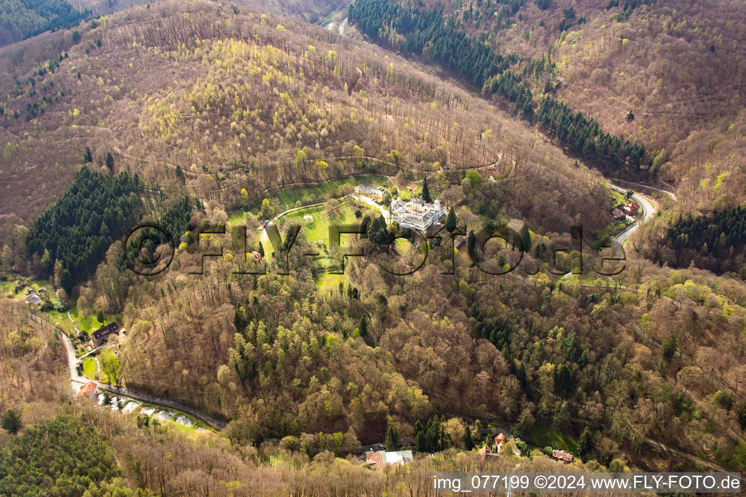 Aerial photograpy of Complex of the hotel building Annettes Gastronomie in Schloss Heiligenberg in Jugenheim in the state Hesse, Germany