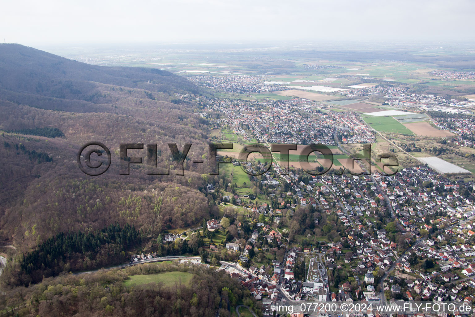 Oblique view of District Jugenheim an der Bergstrasse in Seeheim-Jugenheim in the state Hesse, Germany