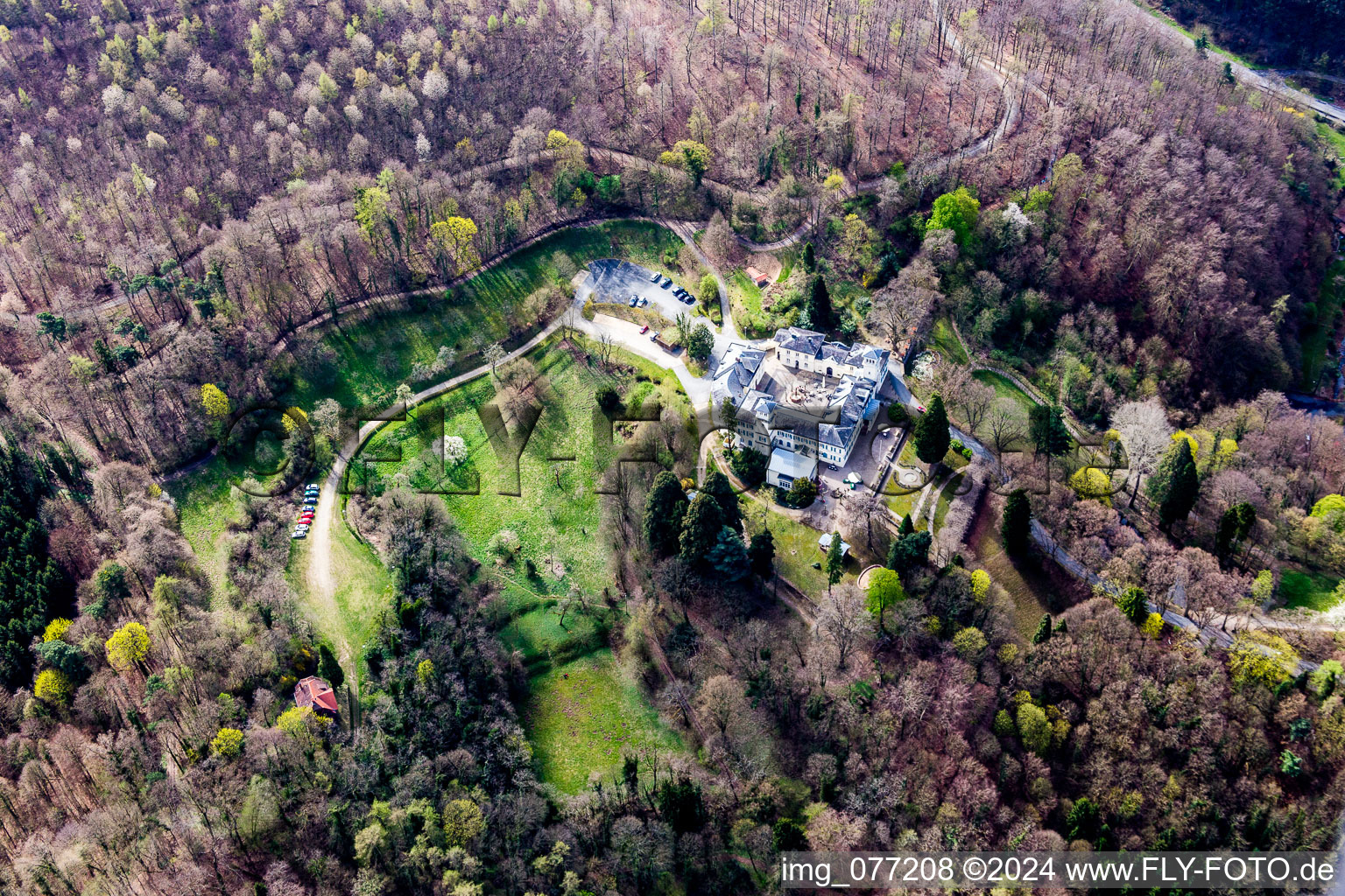 Oblique view of Complex of the hotel building Annettes Gastronomie in Schloss Heiligenberg in Jugenheim in the state Hesse, Germany