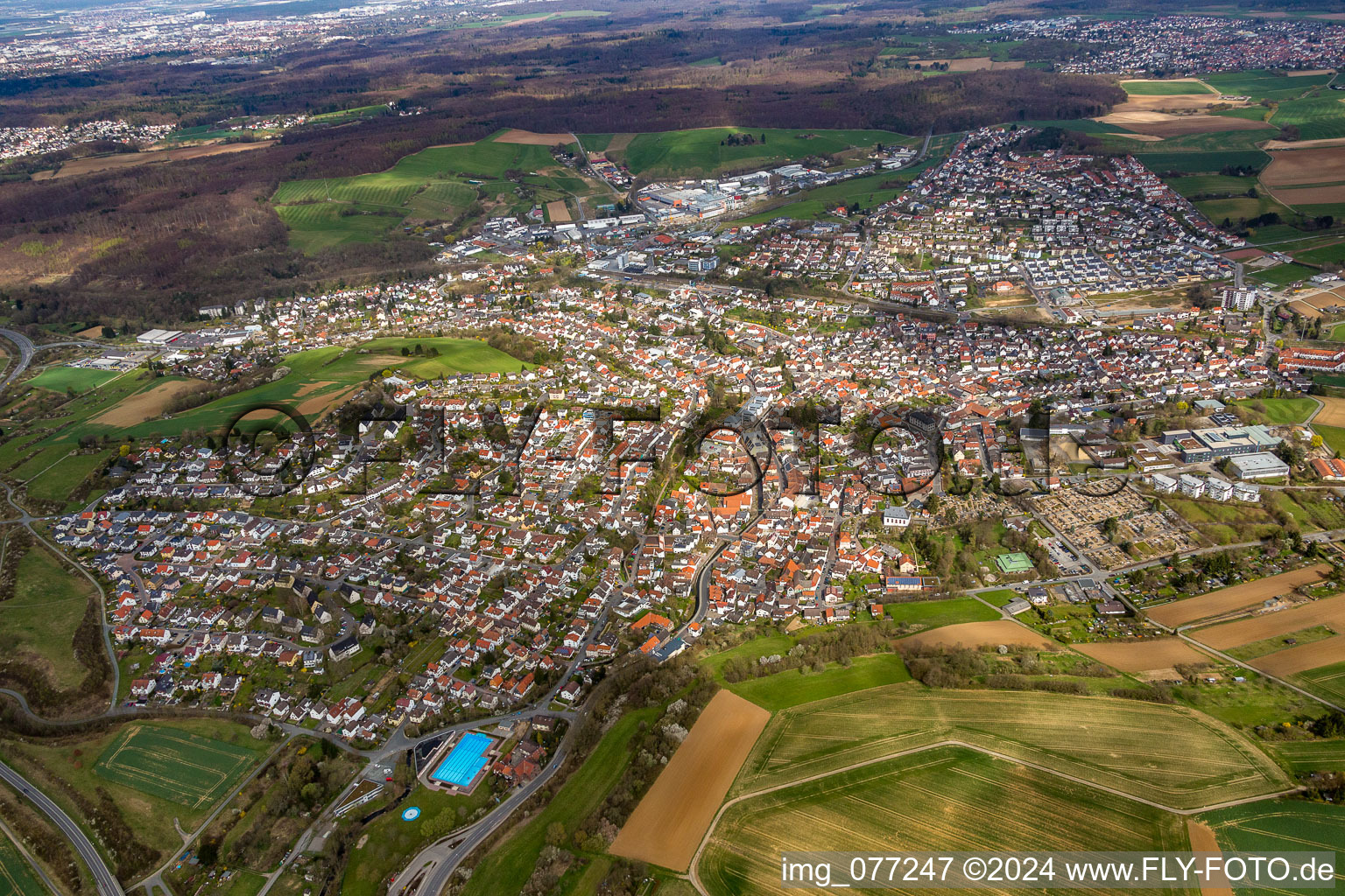 Town View of the streets and houses of the residential areas in Ober-Ramstadt in the state Hesse, Germany