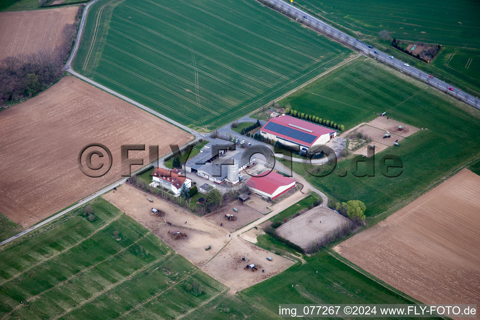 Aerial view of Homestead of the farm Karlshof in Rossdorf in the state Hesse, Germany