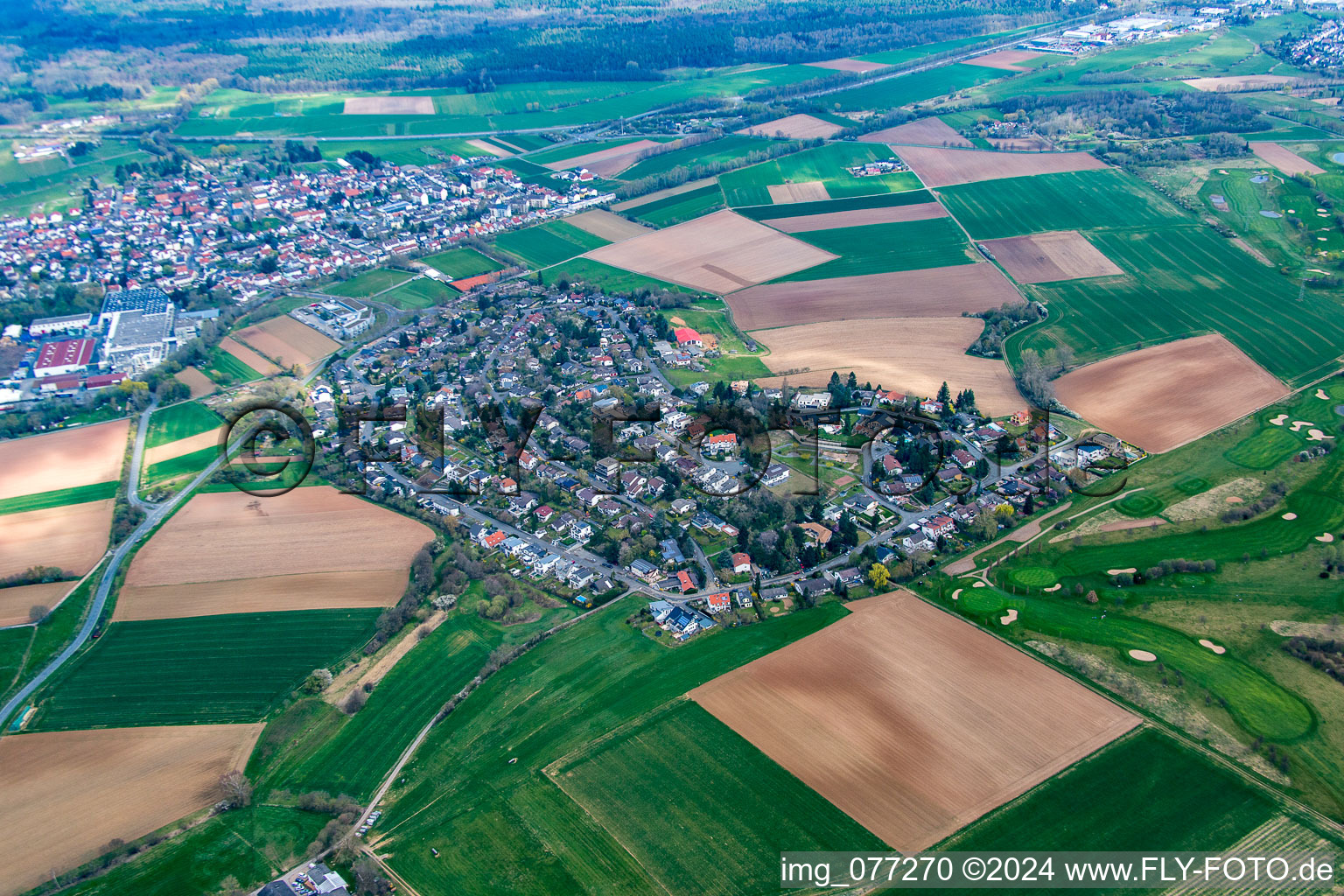 Aerial view of District Gundernhausen in Roßdorf in the state Hesse, Germany