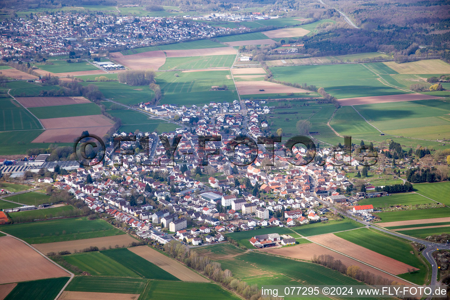 Aerial photograpy of Village - view on the edge of agricultural fields and farmland in the district Gundernhausen in Rossdorf in the state Hesse, Germany