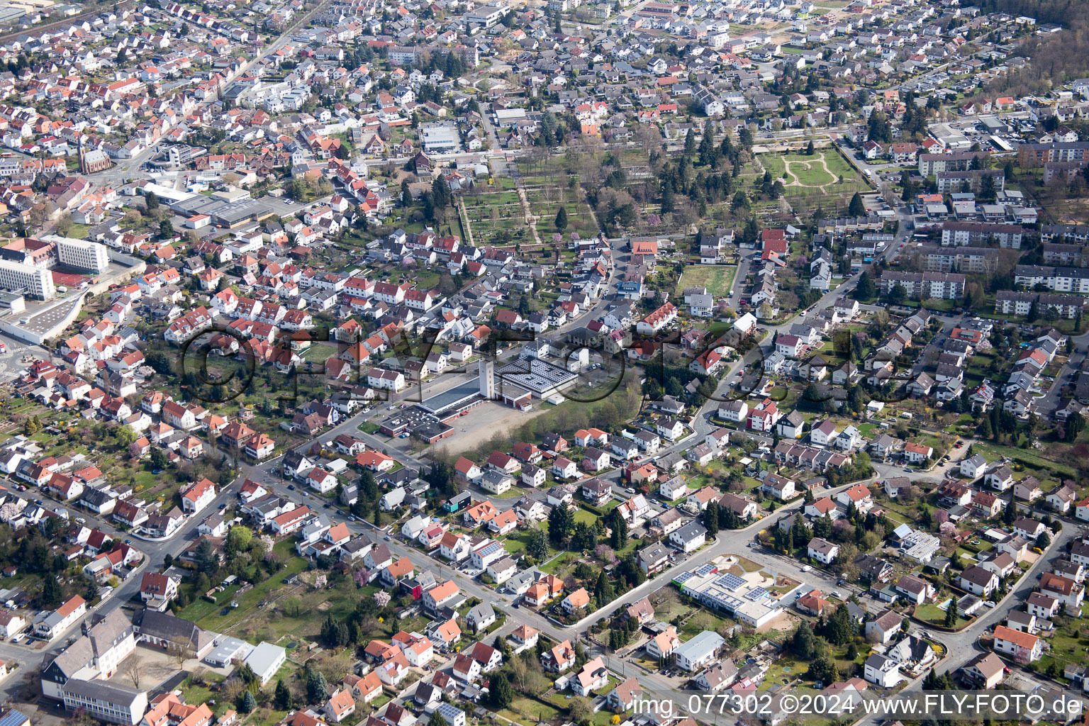 Aerial view of Town View of the streets and houses of the residential areas in Dieburg in the state Hesse