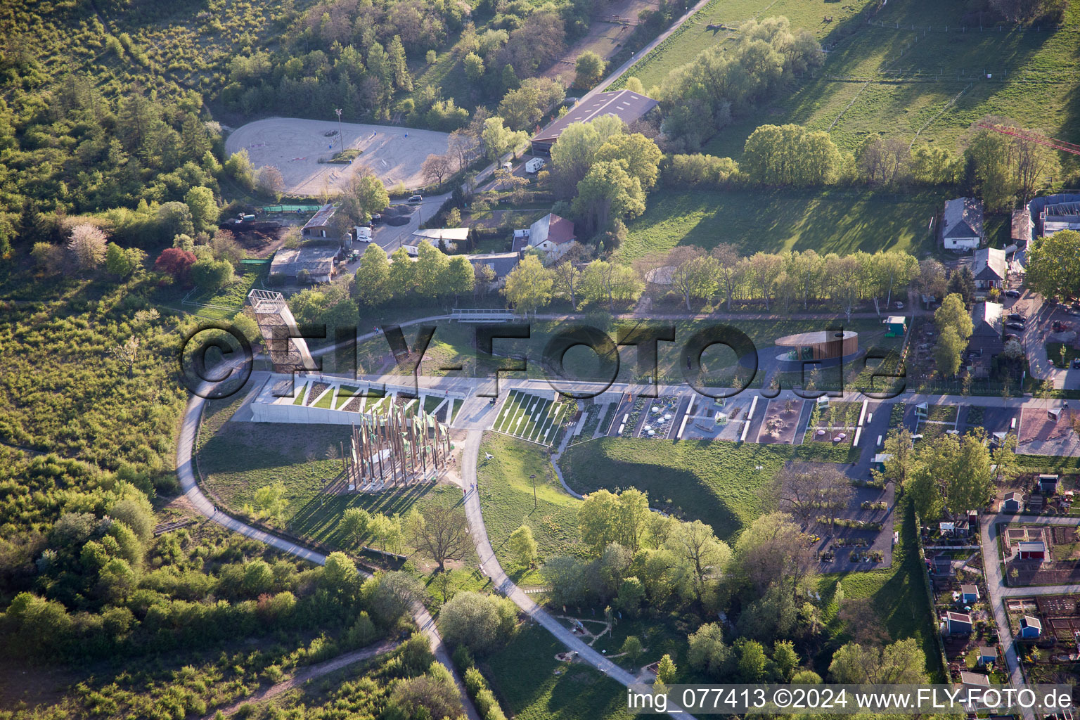 Area of the land horticultural show (LGS) 2015 with asymetric patches and art installations in Landau in the Palatinate in the federal state Rhineland-Palatinate